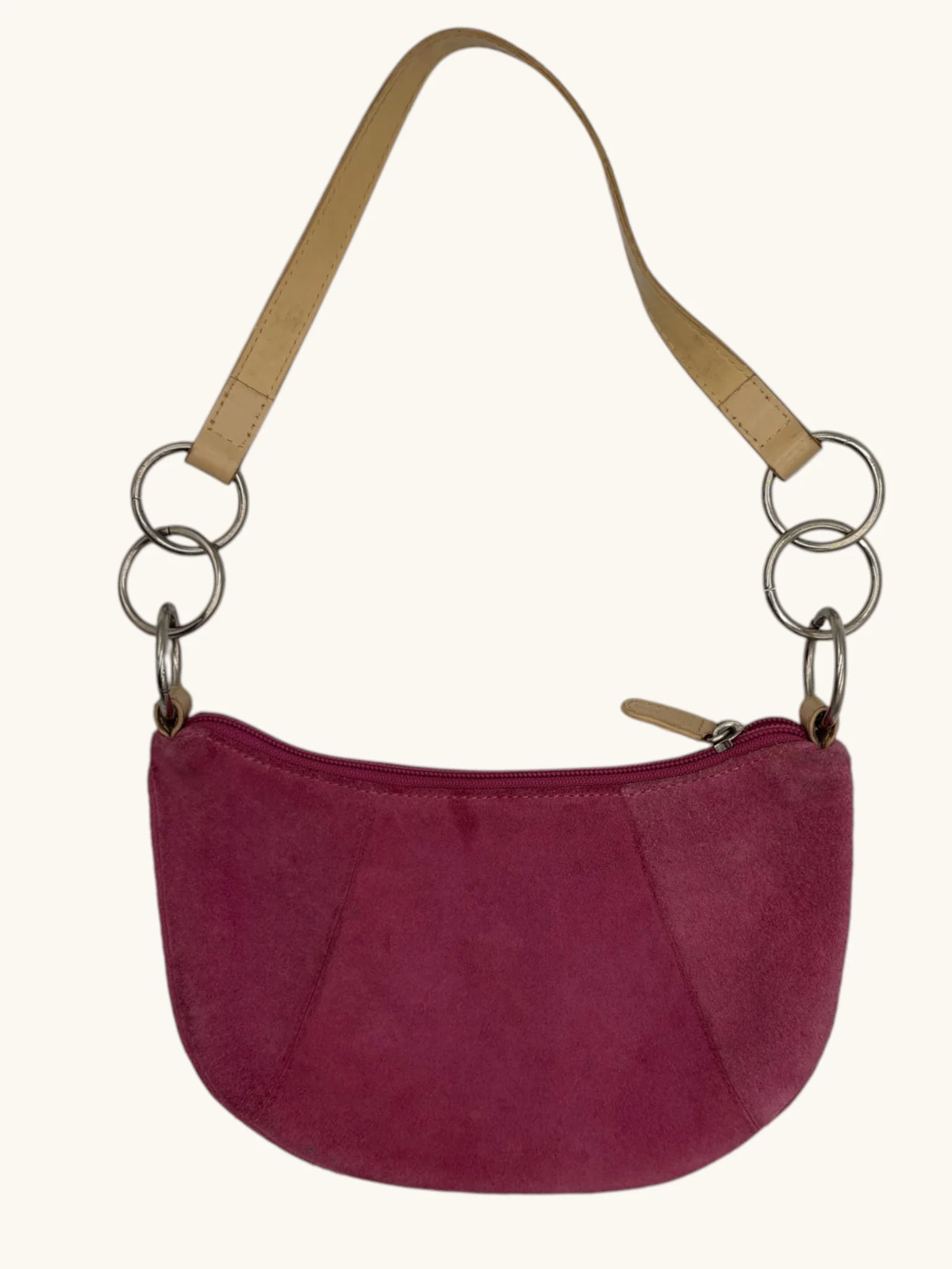 M. London Magenta Pink Suede Shoulder Bag Tan Leather Strap Ring Hardware Y2K