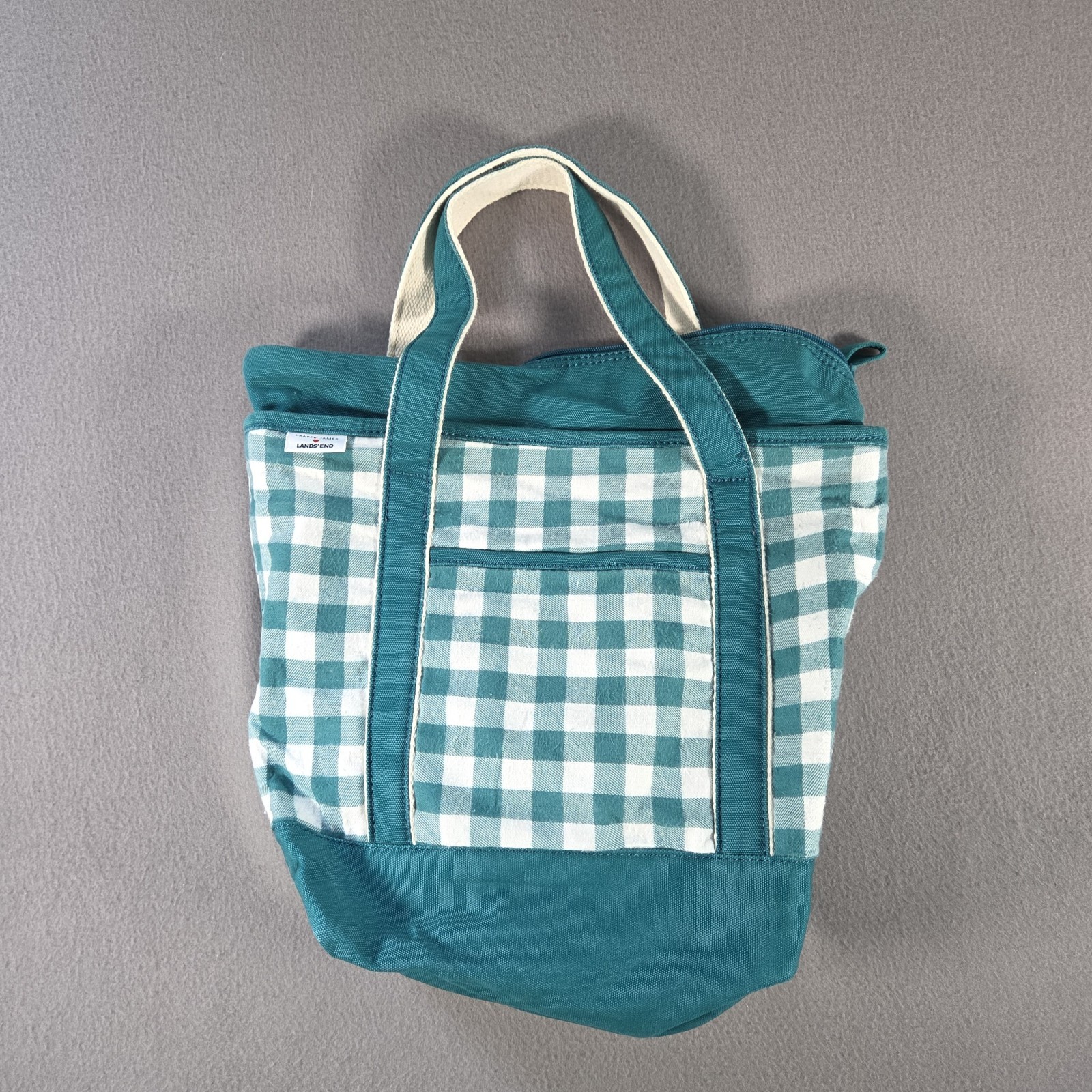 Lands End Tote Bag Draper James Green Plaid Heavyweight Canvas Zip Small