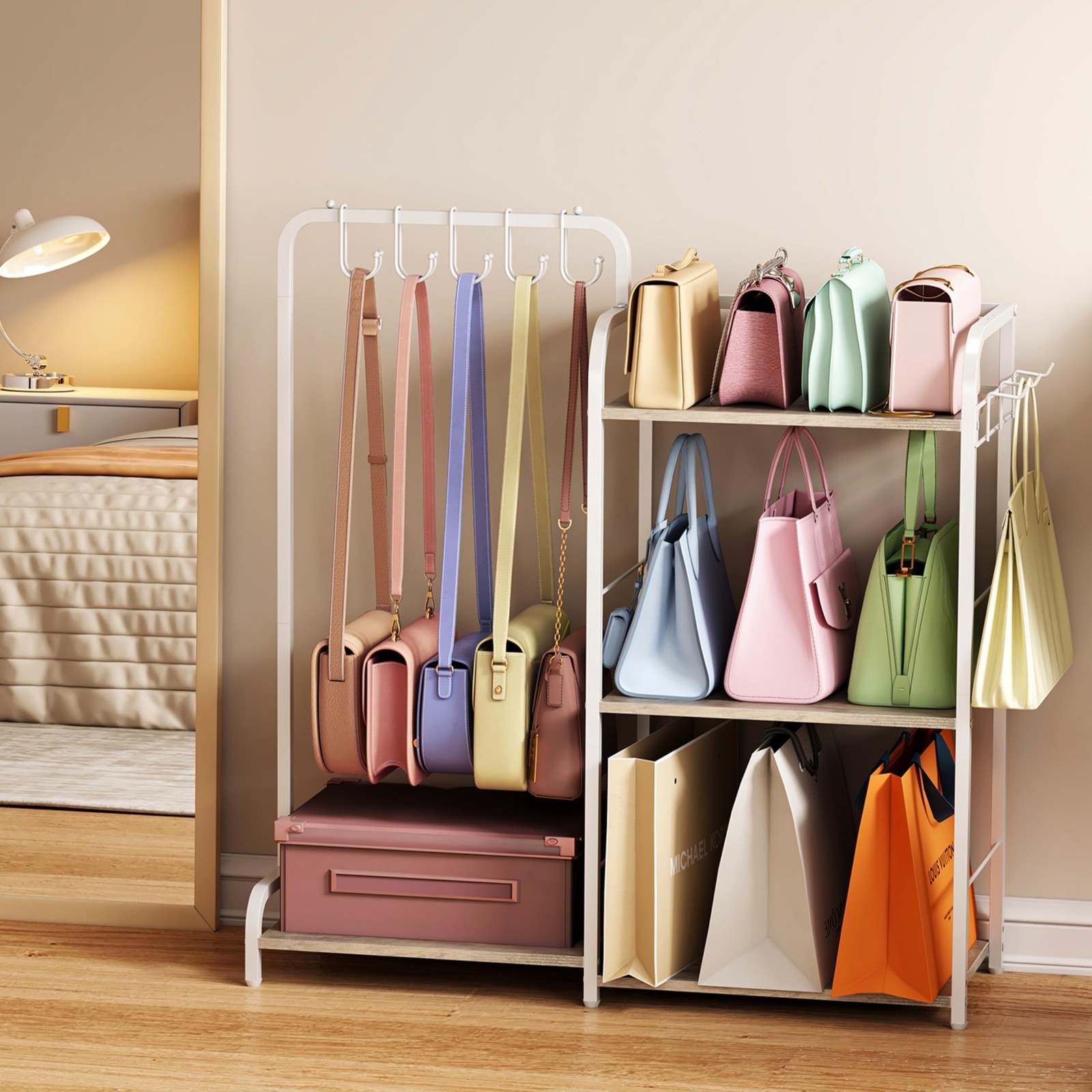Large Capacity Purse Rack with 2 Purse Hangers and 5 Purse Hooks