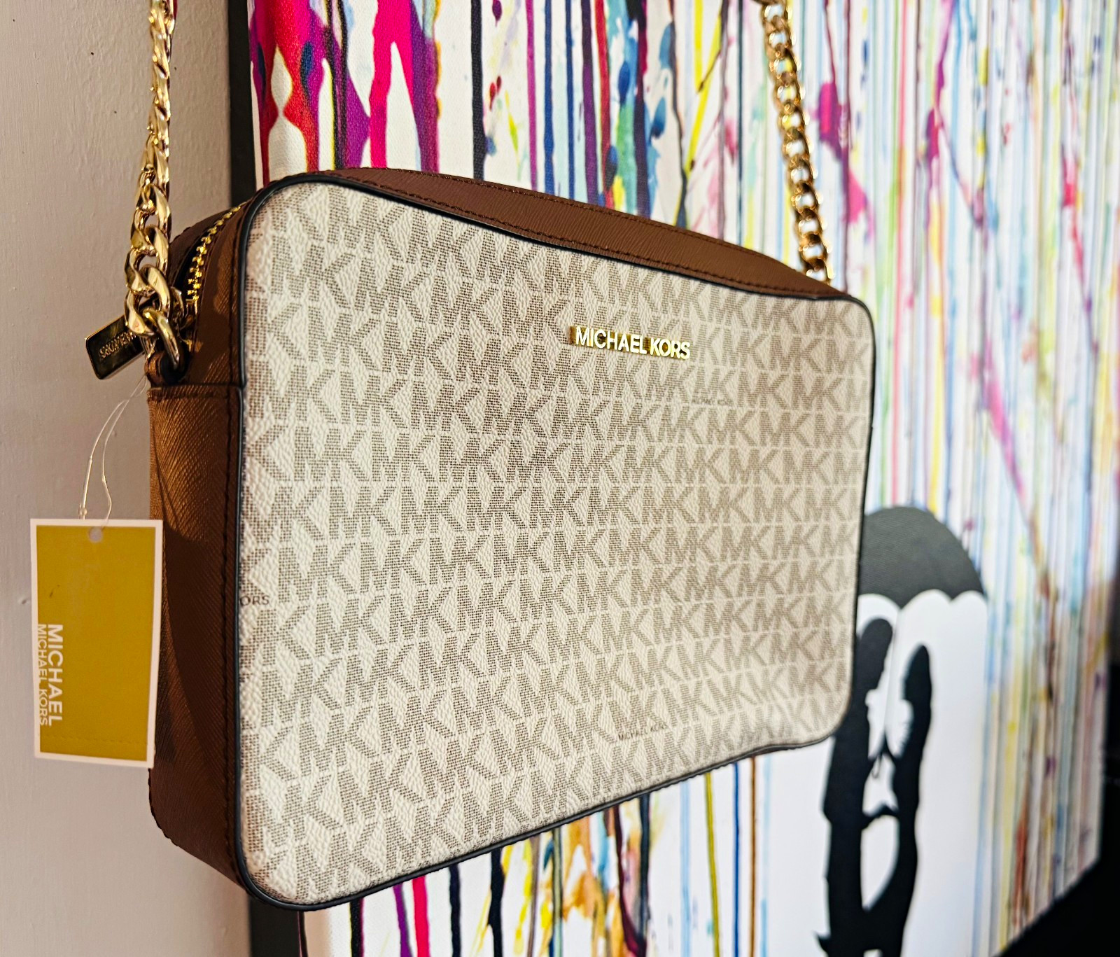 Michael Kors Jet Set Small Monogram Crossbody Bag Vanilla/Brown Zip Gold HW