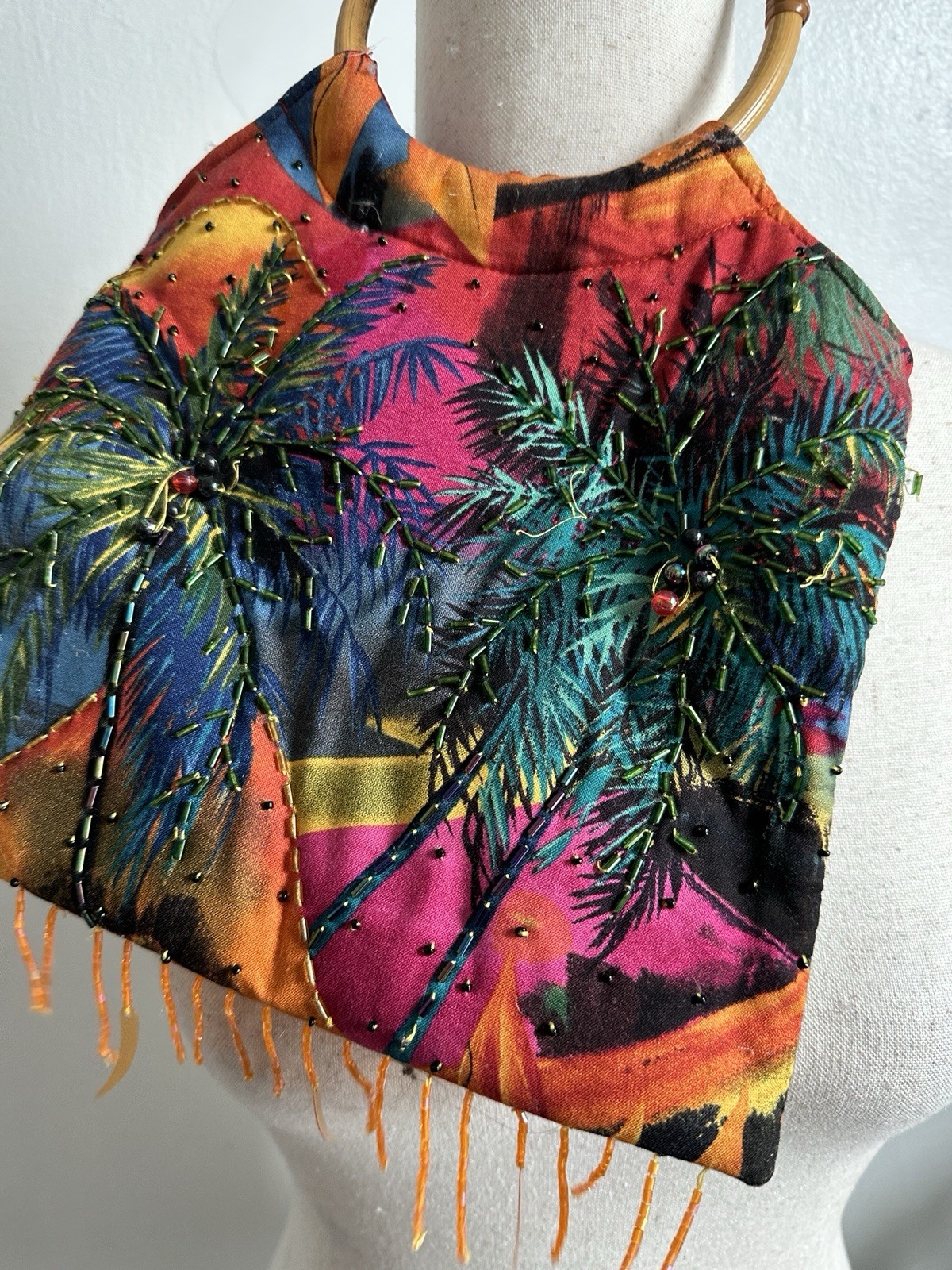Colorful Tropical Parrot Hibiscus Bamboo Handle Sequin Bead Wrist Purse Vacation