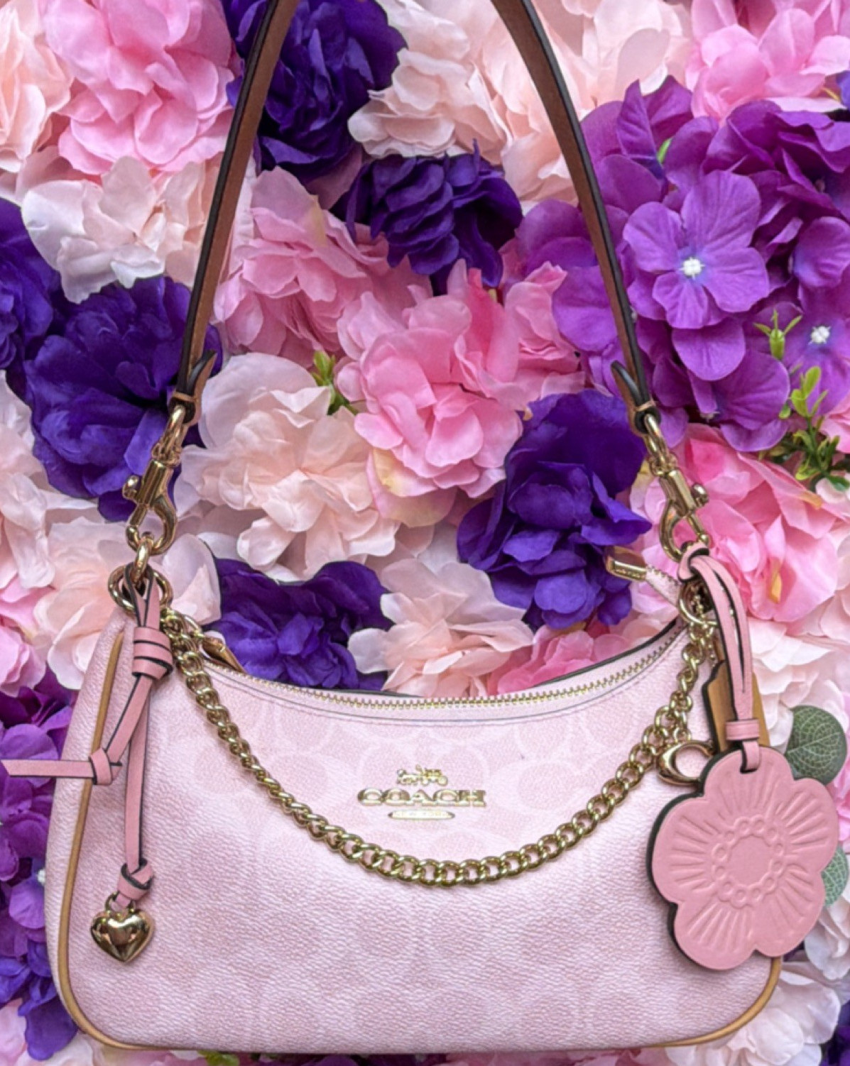 Coach Pink Logo Chain Shoulder Bag Heart Floral Charm Gold Hardware
