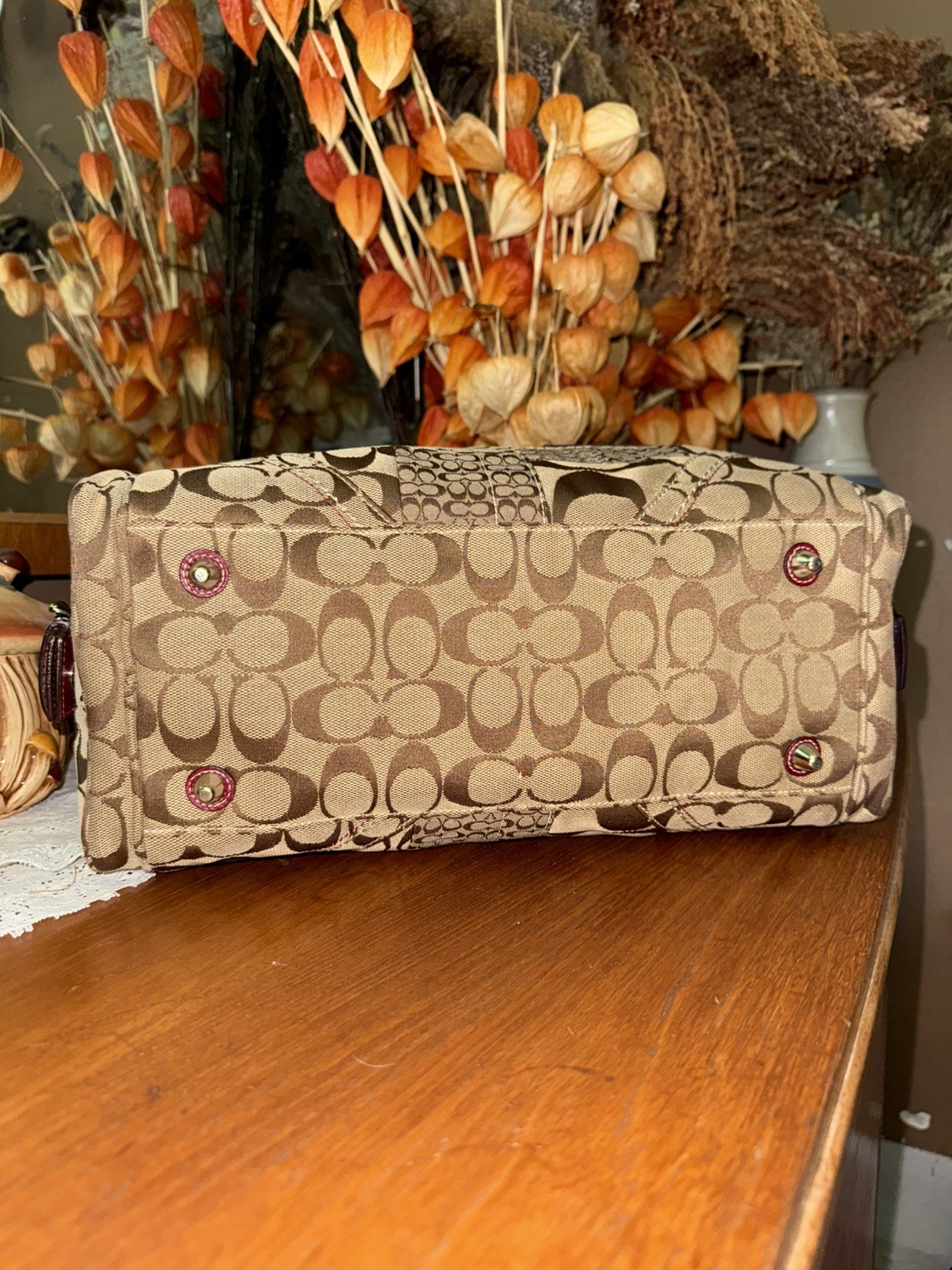 Coach Mia Soho Signature Patchwork Satchel Bag – Red Python Trim (Style 10088)