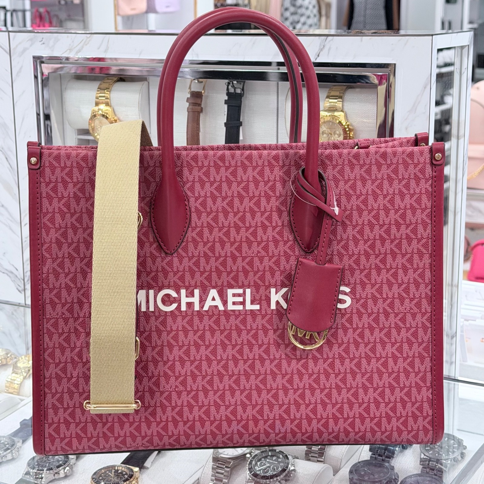 Michael Kors Mirella Medium Tote MK Signature Logo Bag Cherry