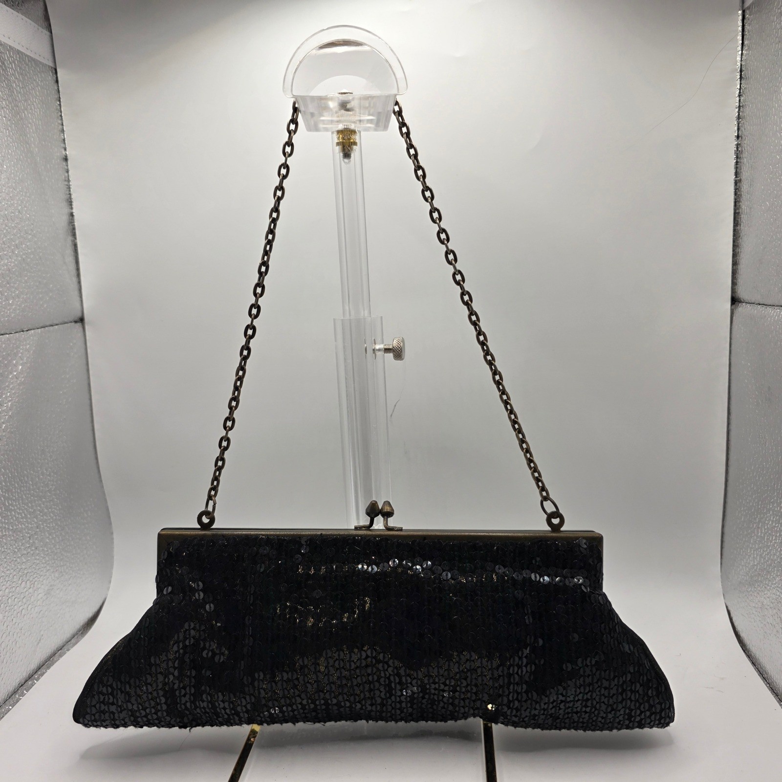 Vintage Style Black Sequin Floral Beaded Kiss Lock Evening Clutch Shoulder Bag