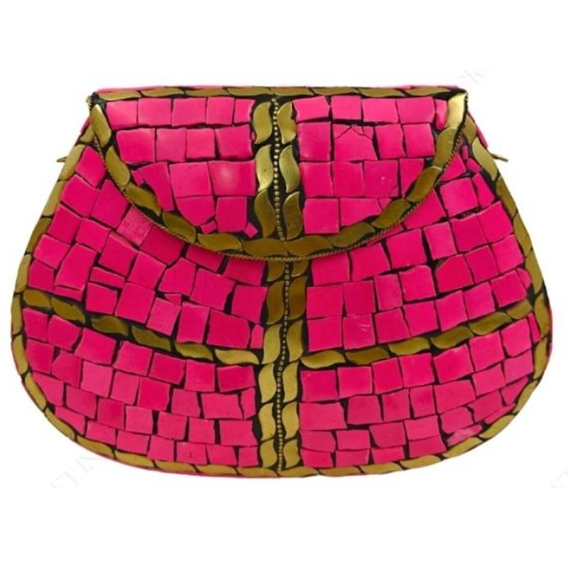 NEW Women’s Glossy Pink Mosaic Tiles Gold Accents Semi-Circle Design Clutch