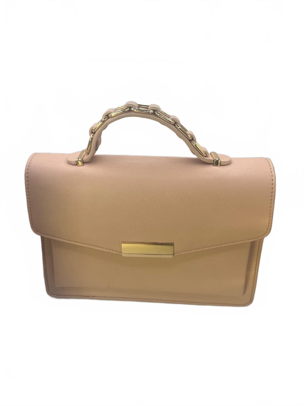 Miztique Structured Top Handle Handbag with Gold Chain Detail Light Beige Pink