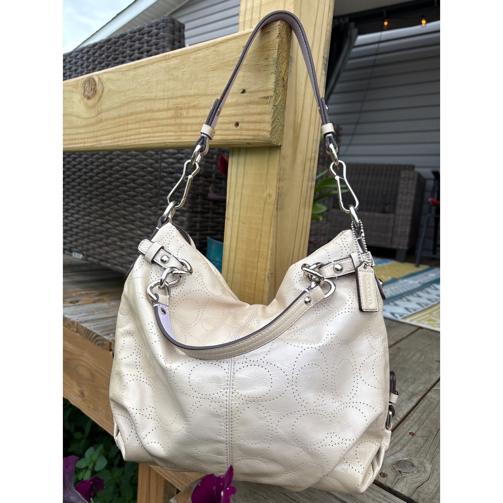 Coach Madison Laser Cut Op Art Sophia Satchel Champagne Patent Leather F17123