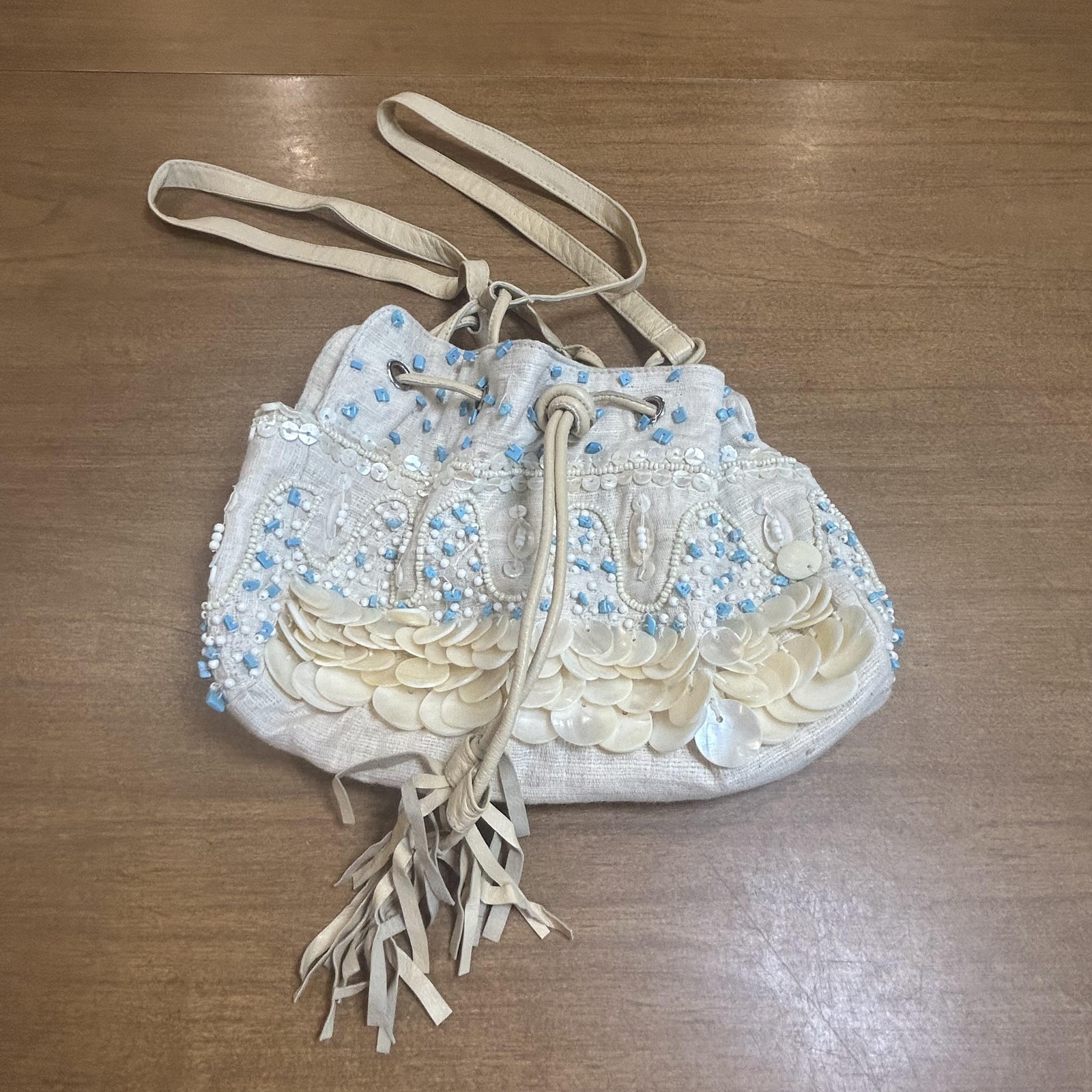 Moyna Bucket Drawstring Bag Womens Medium Beige Linen Shell Beaded Boho Beach