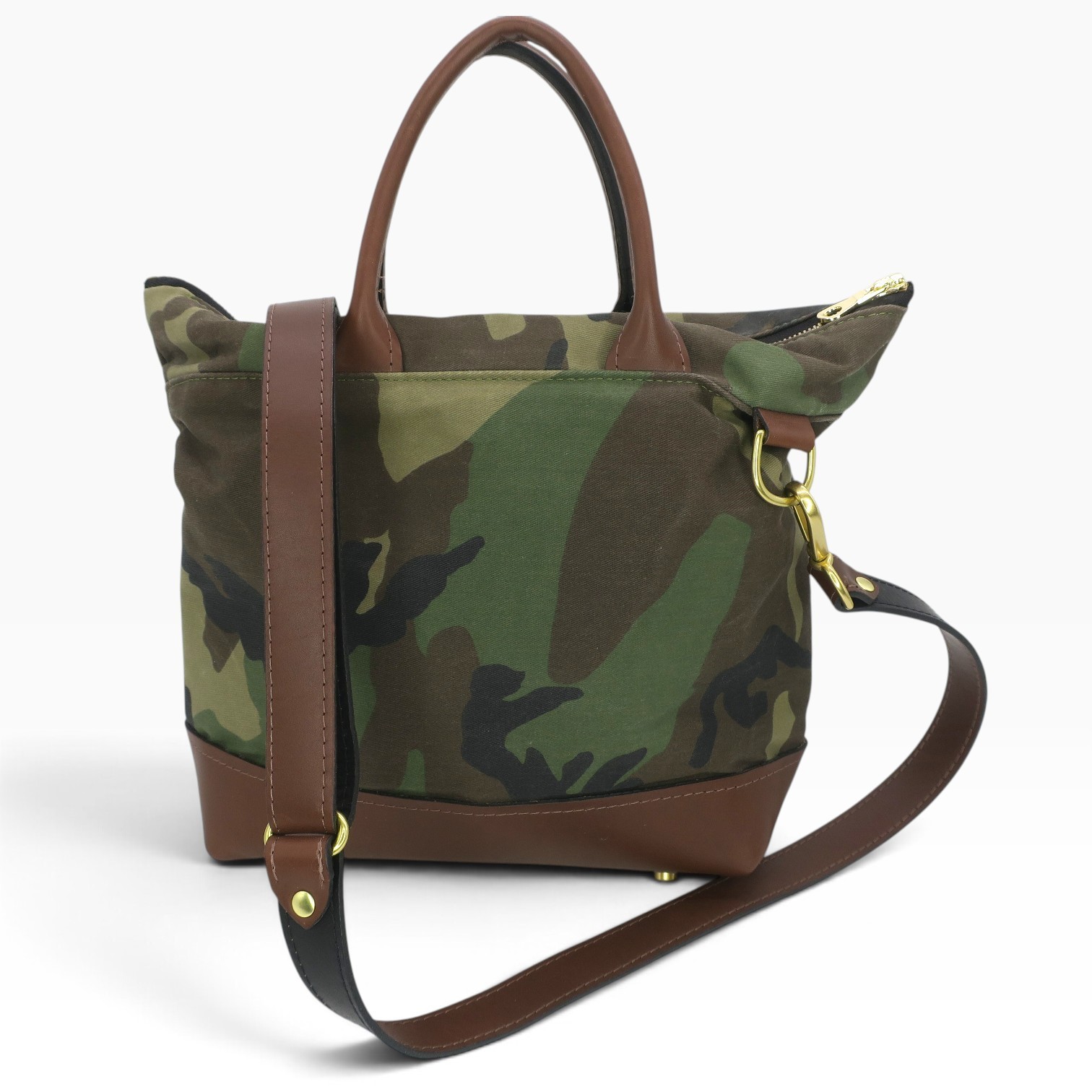 R. Riveter Otto Carry All Canvas Tote Leather Trim Camo Brown Crossbody Bag