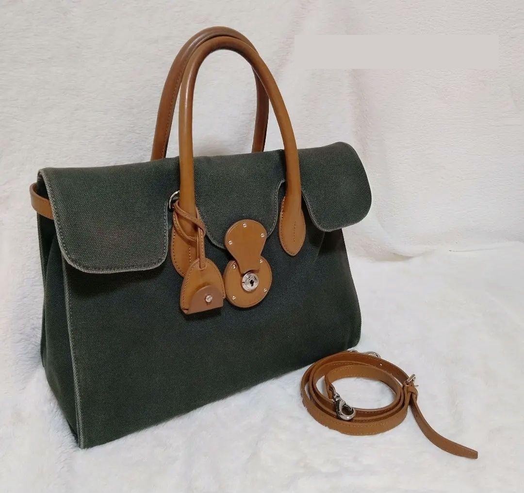 Ralph Lauren Ricky Canvas Leather Bag Dark Green 2W Shoulder Used Authentic