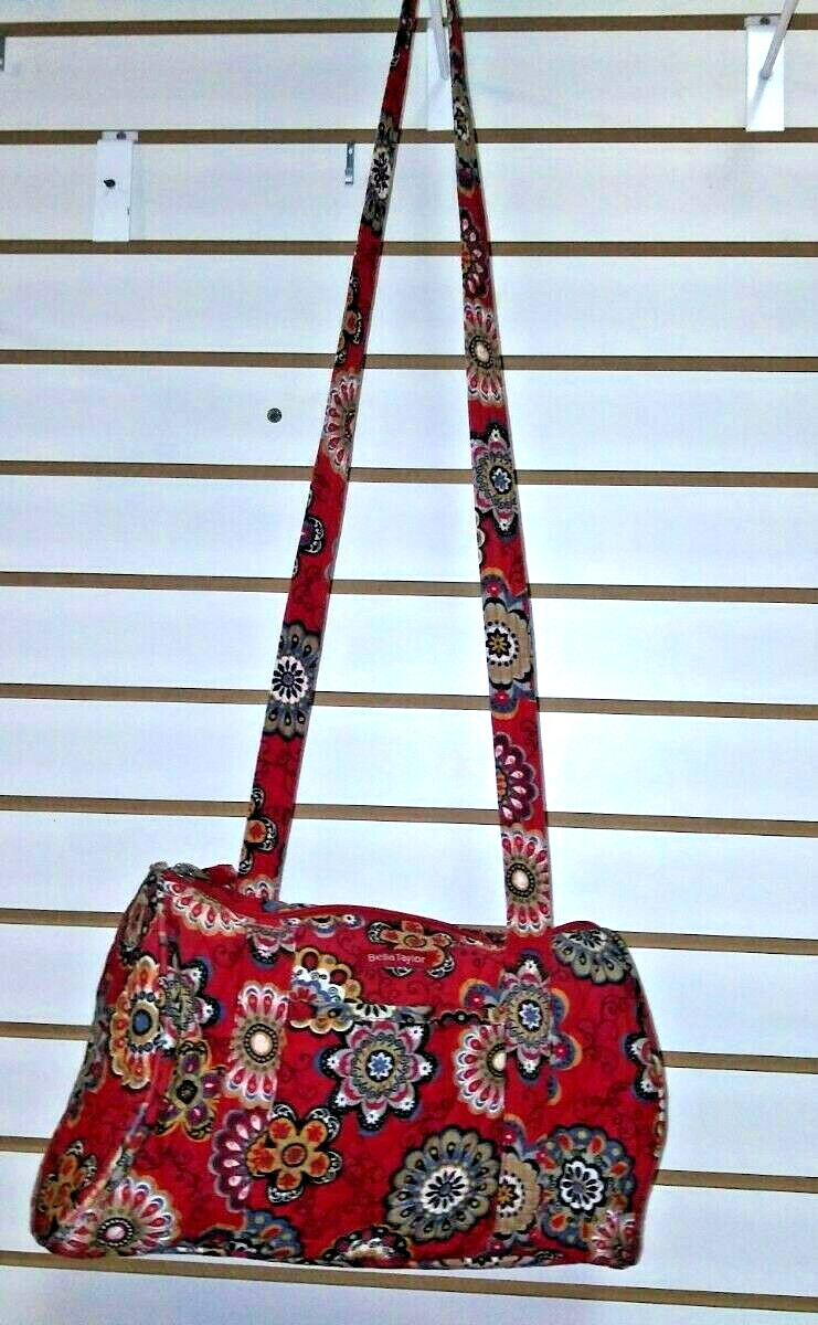 Bella Taylor Quilted Fabric Handbag Purse Crossbody Red Floral Long Strap Clean
