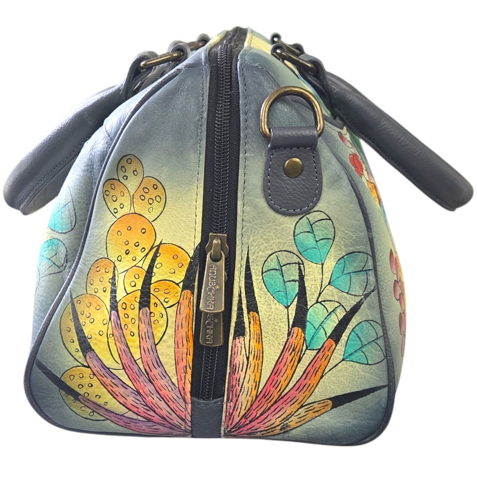Anuschka Hand Painted Leather Satchel Bag Bird Cactus Desert Floral Multi-Color