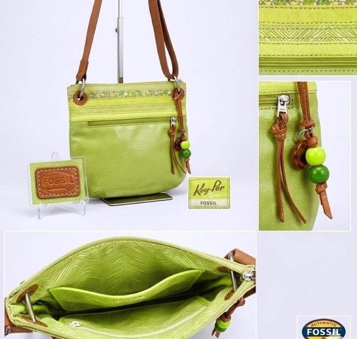 Fossil Key-Per Crossbody Bag Lime Green Coated Canvas Floral Trim Boho Bag
