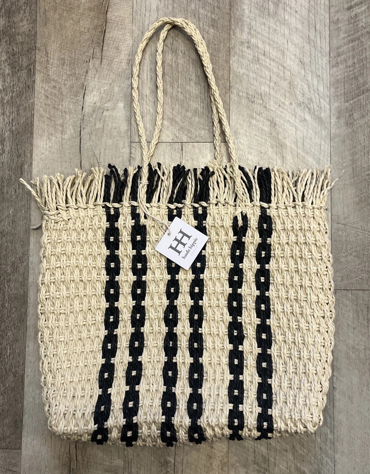 Haute Hippie Beige Black Stripe Raffia Straw Tote Bag Travel Beach Shopping
