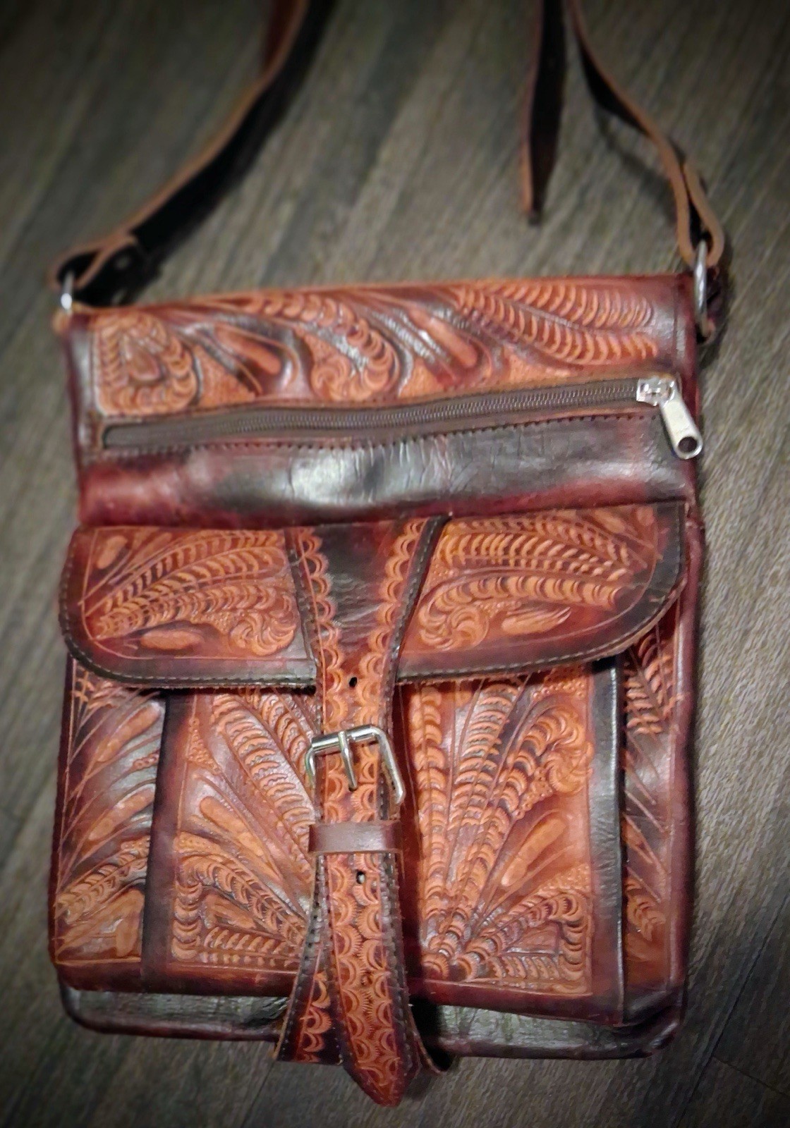 Brown Tooled Embossed Crossbody Bag Buckle Flap Detachable Strap Zip Pockets