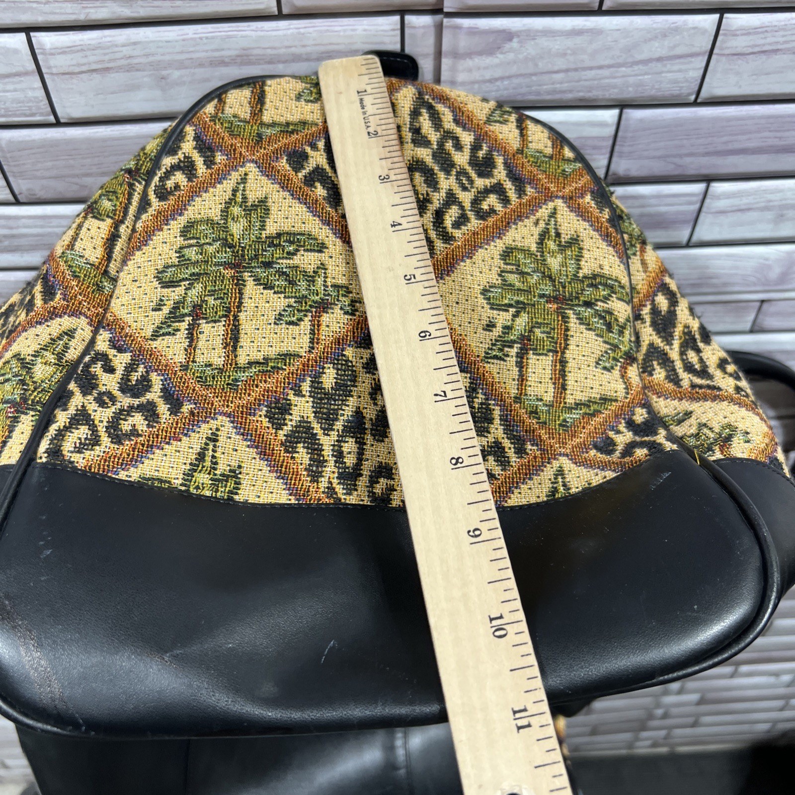 Y2K Club A Tote Bag Large 21×17 Leopard Palm Trees Black Faux Leather Trim VTG