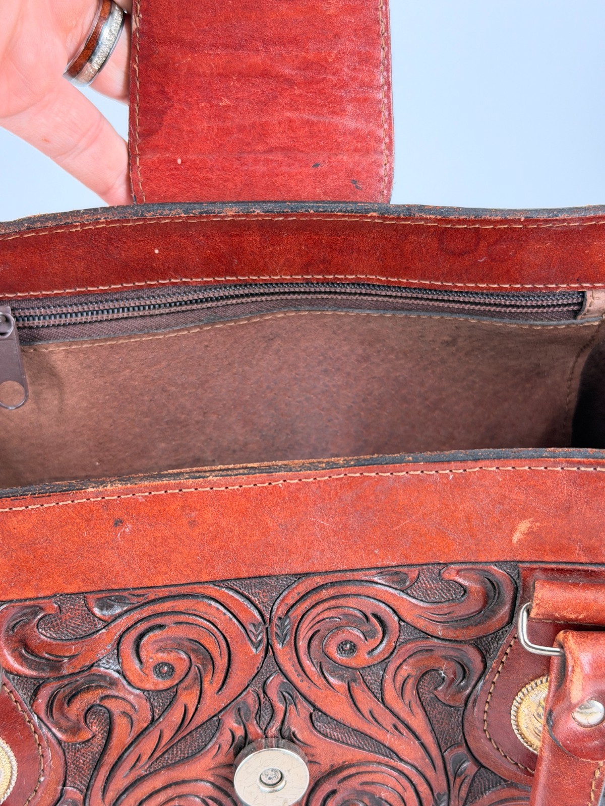 Vintage Tooled Leather Western Handbag Purse Brown Floral Buckle Satchel Boho