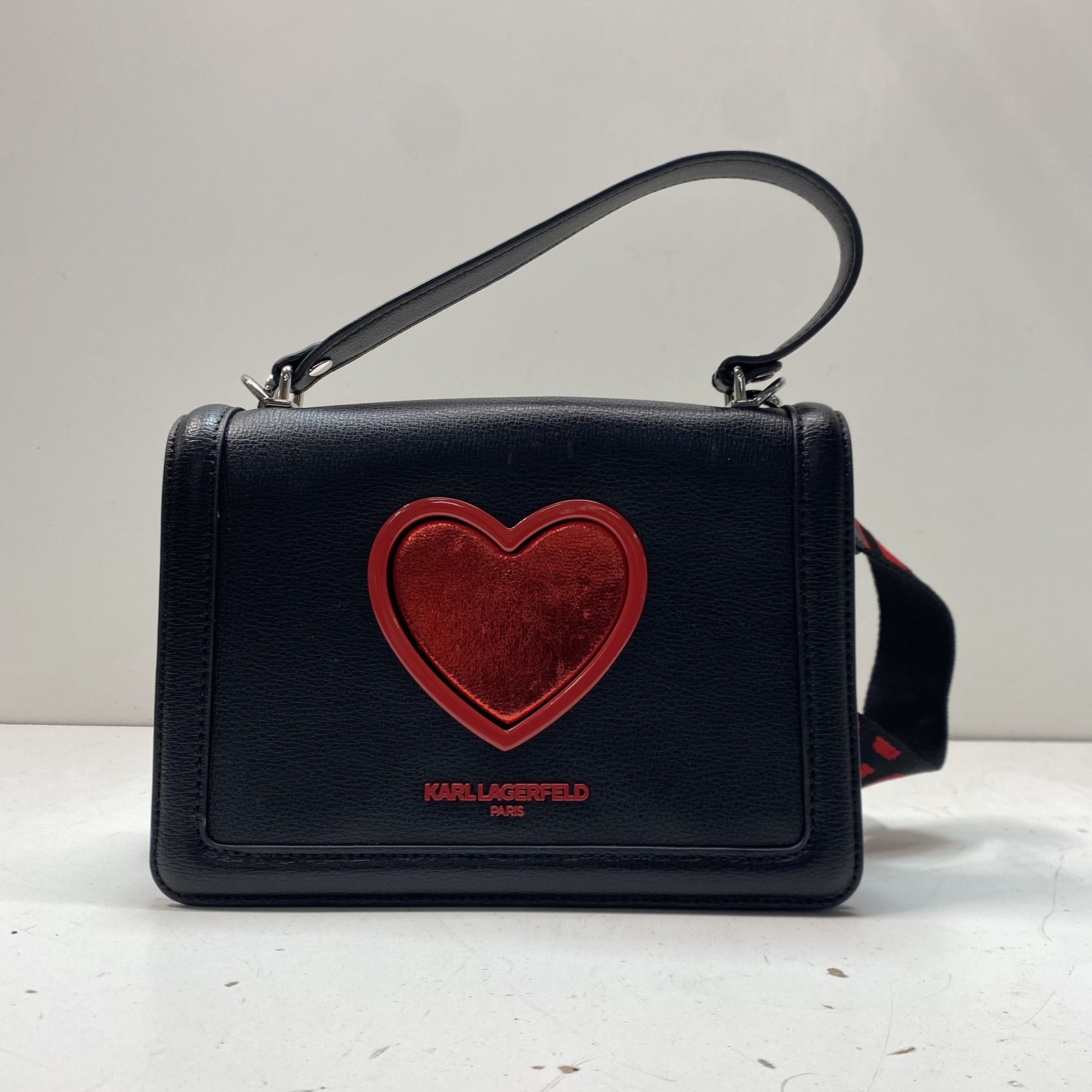 Karl Lagerfeld Paris Black Leather Red Heart Crossbody Bag Logo Strap