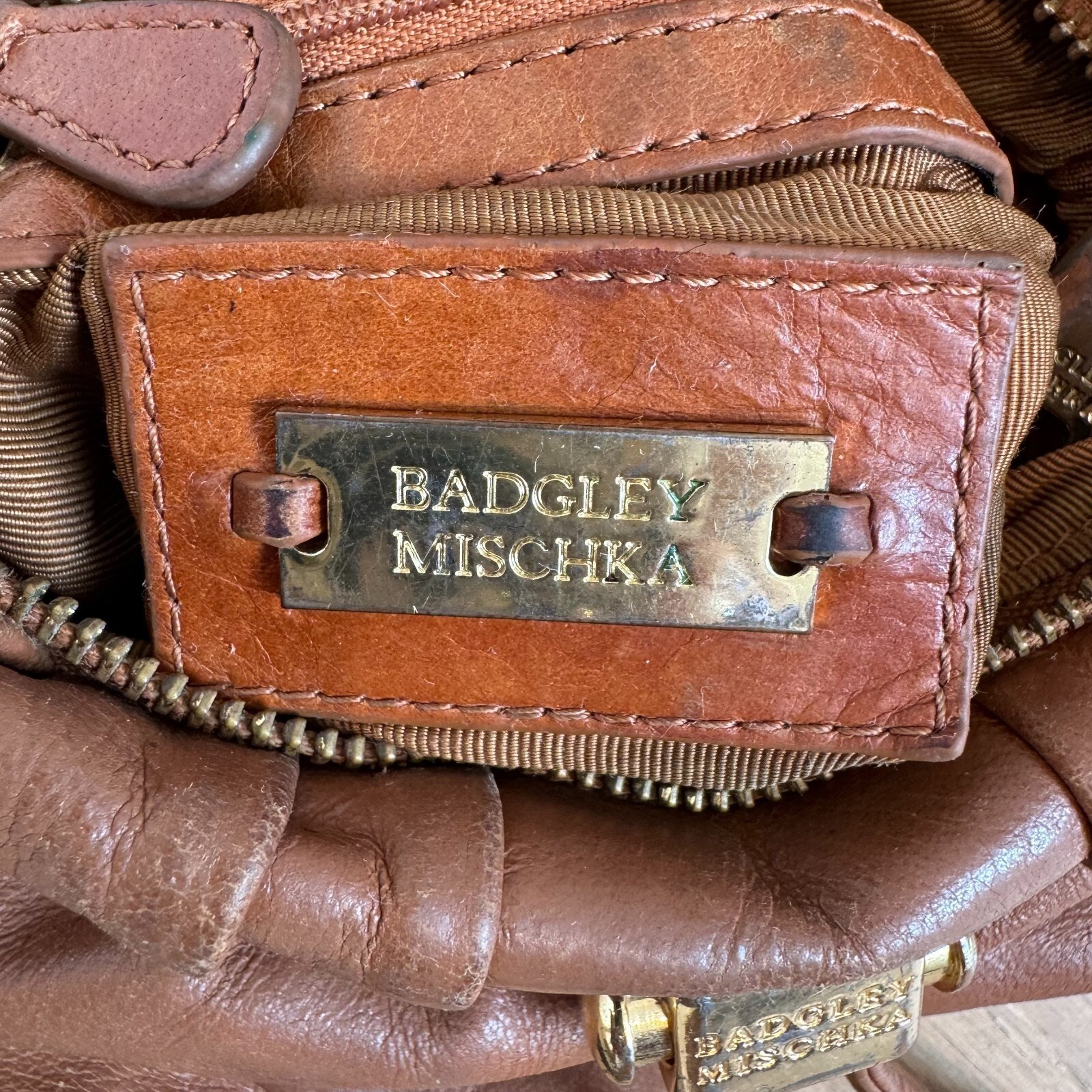 Badgley Mischka Caramel Brown Leather Mini Bucket Bag Crossbody Purse