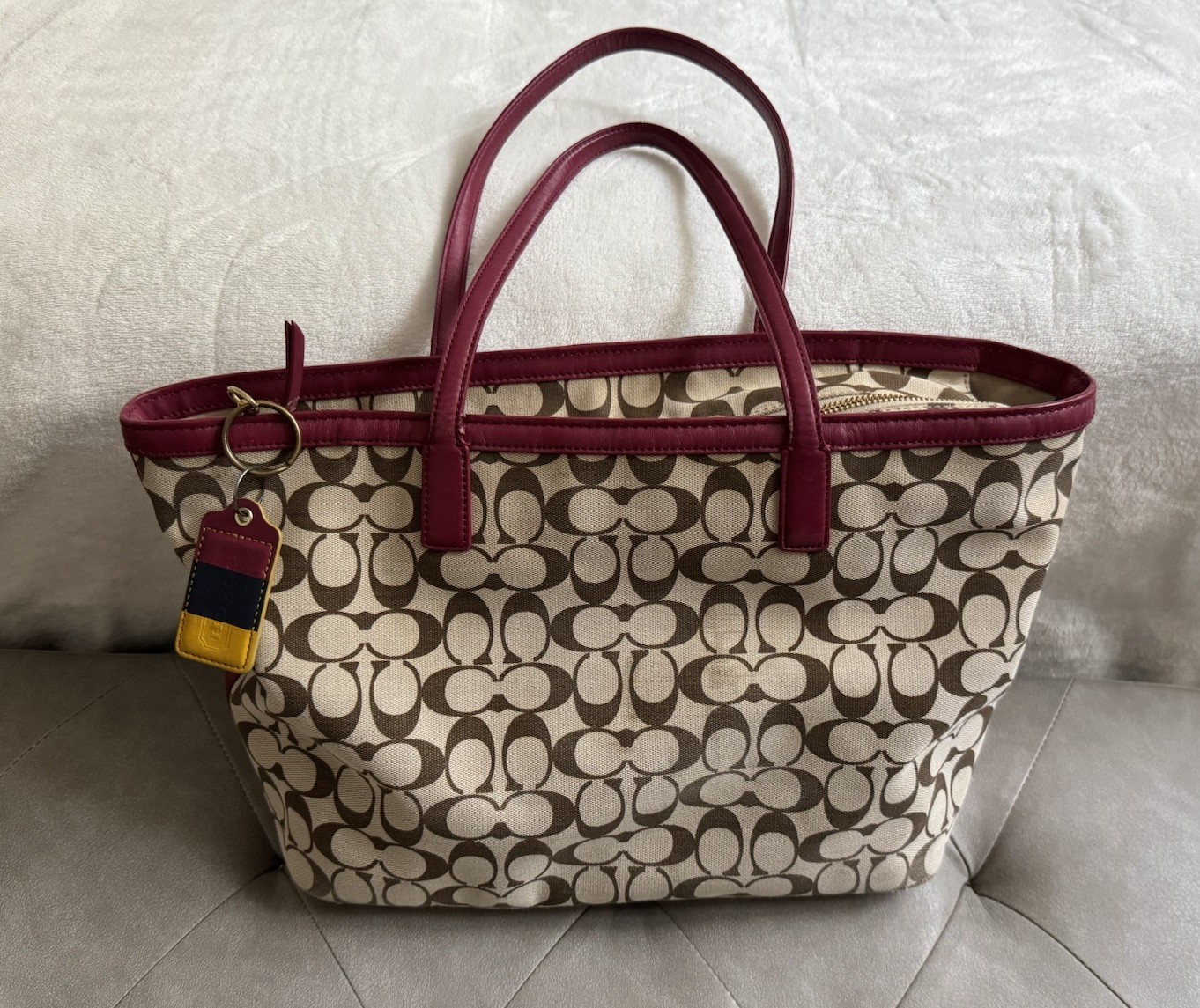Vintage Coach Legacy Weekend Signature Tote Brown Tan Canvas Burgundy Leather