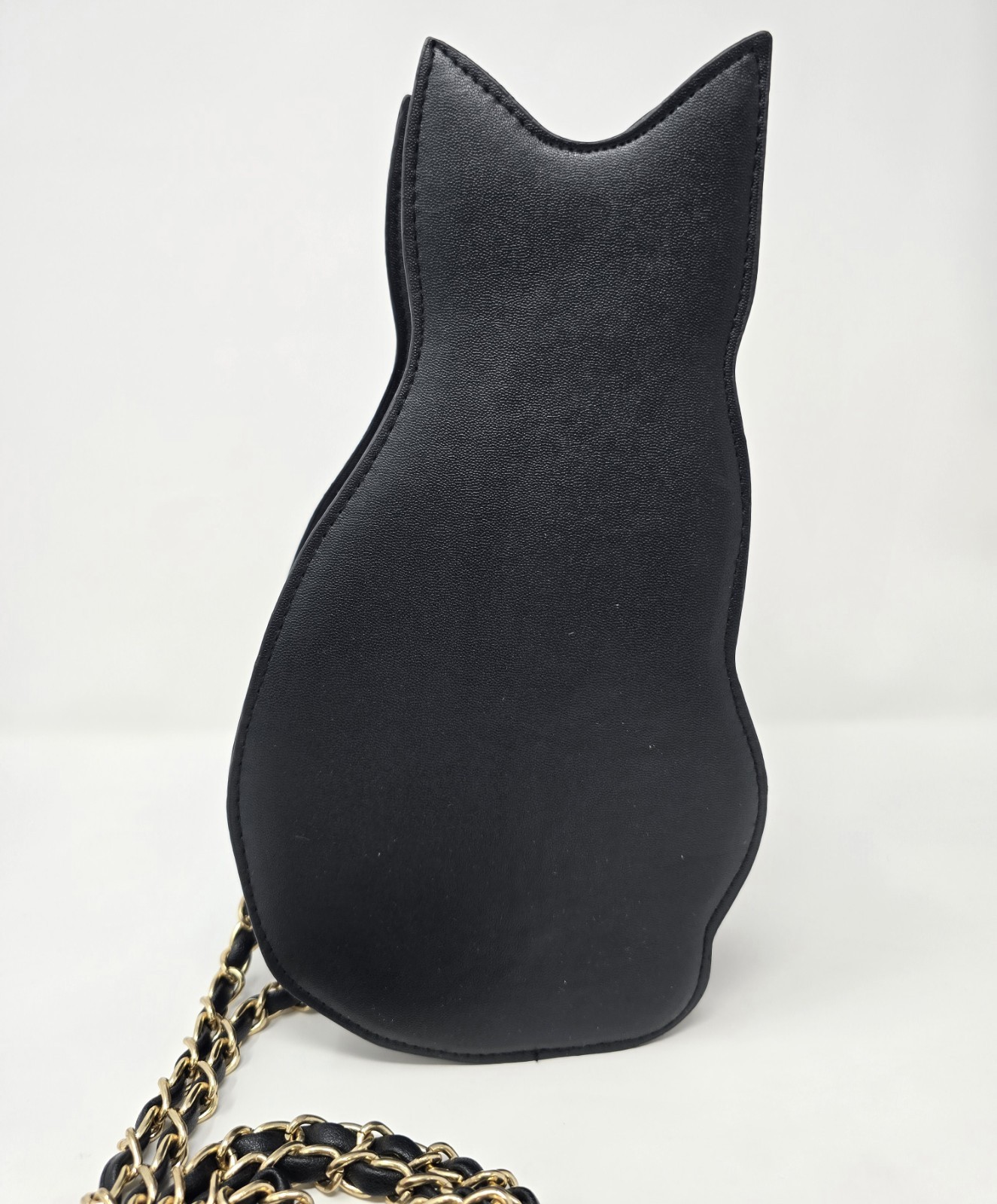 Black Kitty Cat w/ Green Eyes Crossbody Purse Gold Chain Strap Cute Halloween