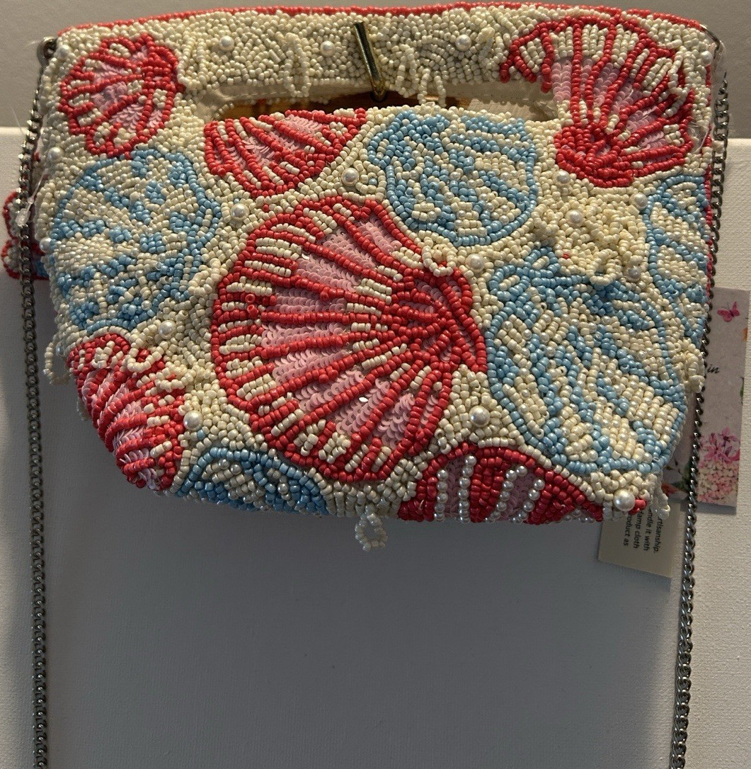 Beaded Shell Pattern Shoulder Bag with Silver Chain Strap, Cream Red Blue
