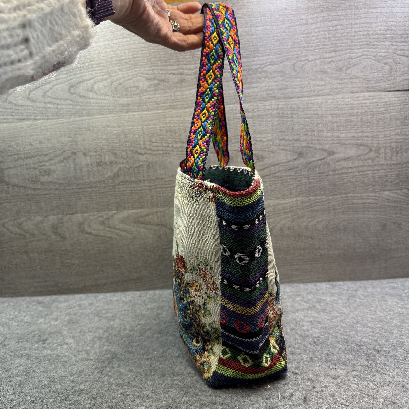 Vibrant Tapestry Tote Bag Women’s Multicolor Peacock Woven Fabric Handbag