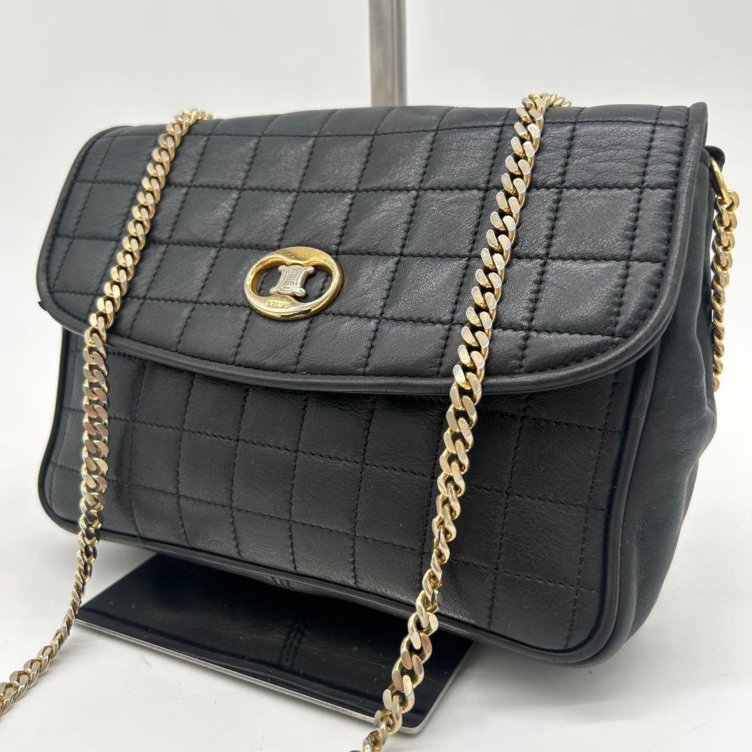 Celine Triomphe Chain Shoulder Bag Black Leather Crossbody Japan 079057