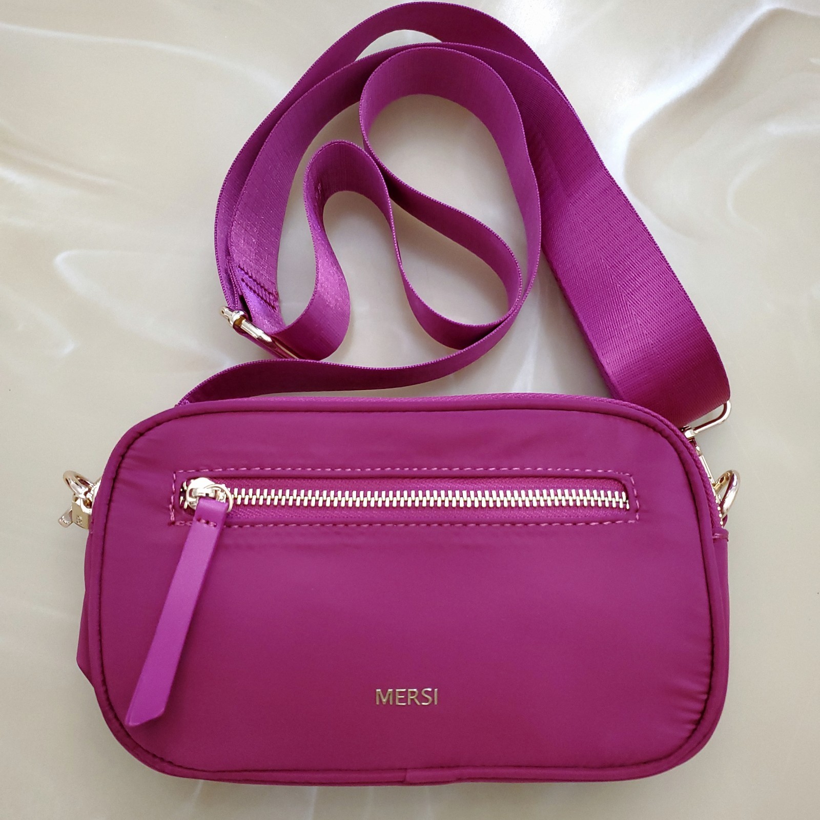 MERSI June Nylon Crossbody Bag in Magenta with Gold Hardware