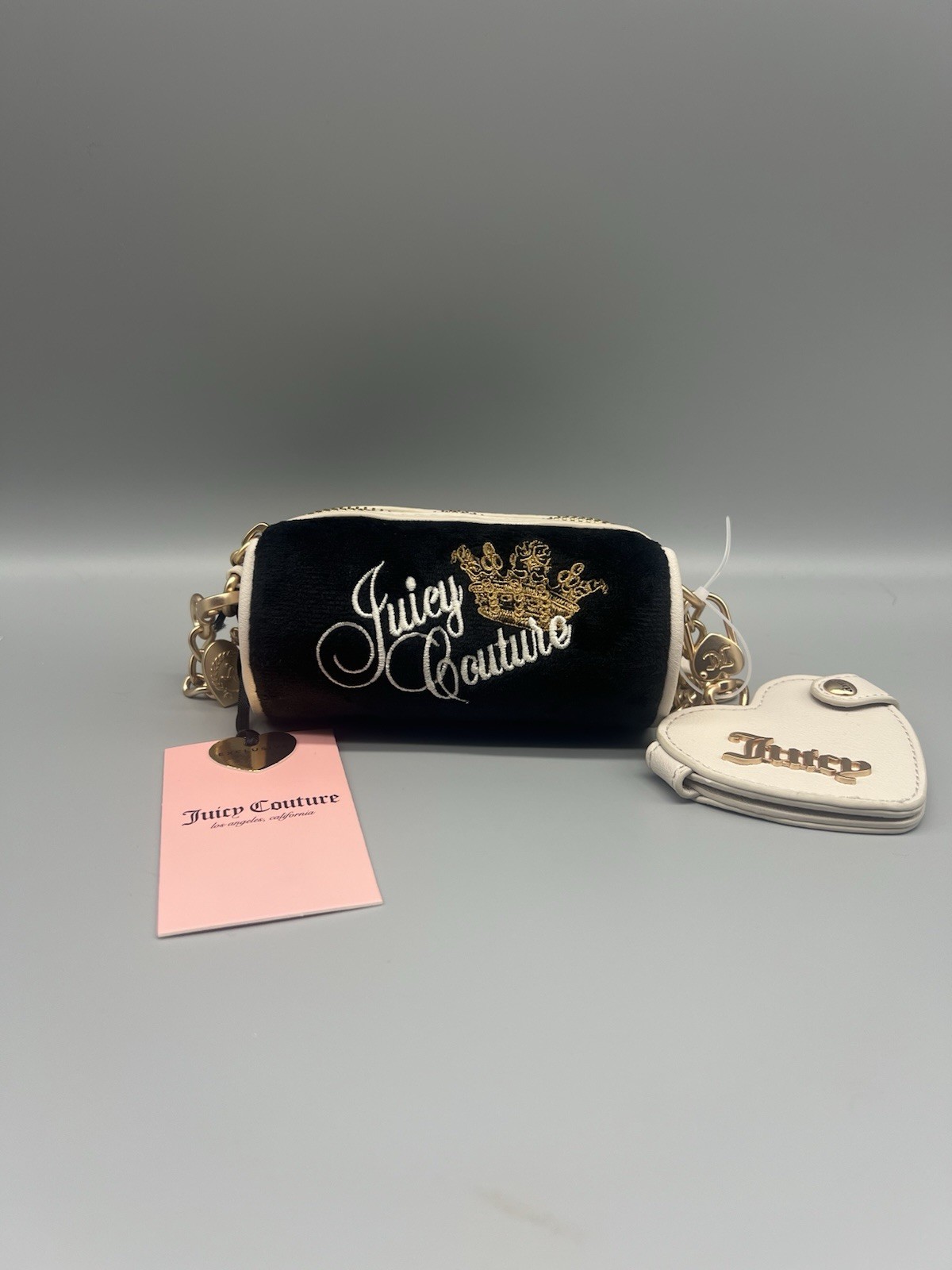 Juicy Couture the key to juicy Black White Logo Cylinder Bag Heart Mirror NEW