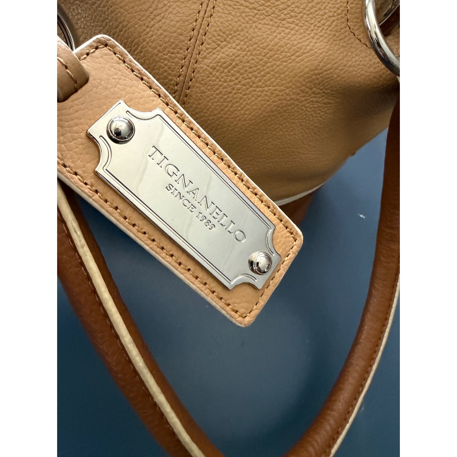Tignanello Two Tone Tan Brown Pebbled Leather Shoulder Bag Hobo Purse Handbag