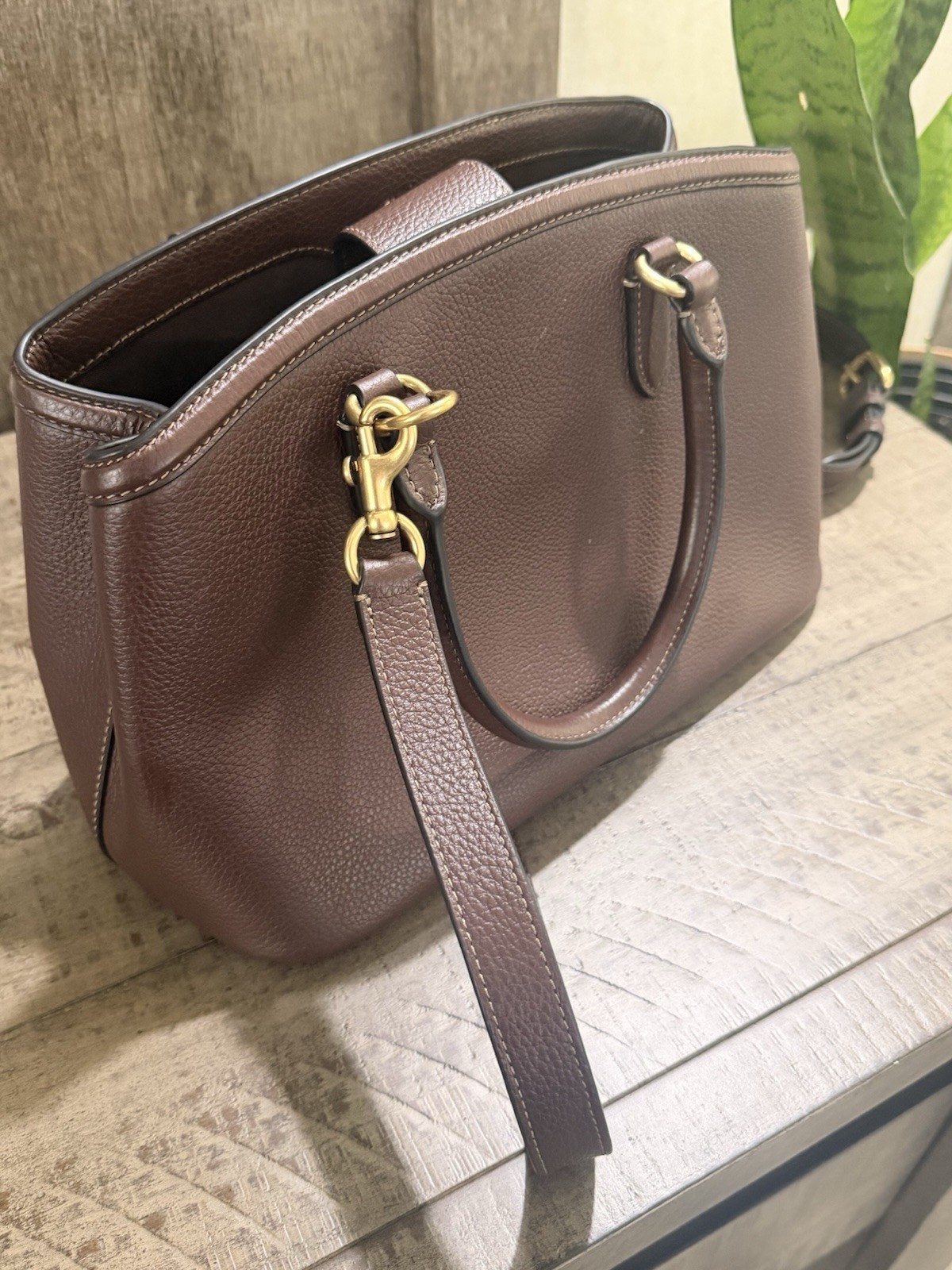 Coach Brown Pebbled Medium Satchel Top Handle Zip Detachable Strap Gold HW