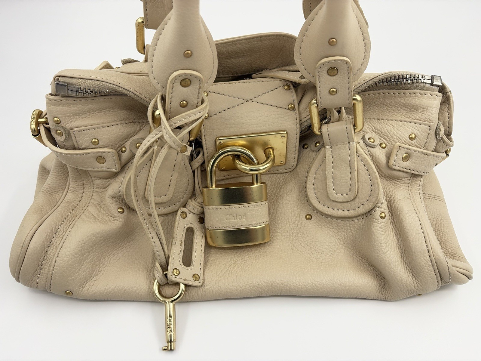 Chloe Paddington Hand Bag Purse Leather Ivory Gold Shoulder Off White 87