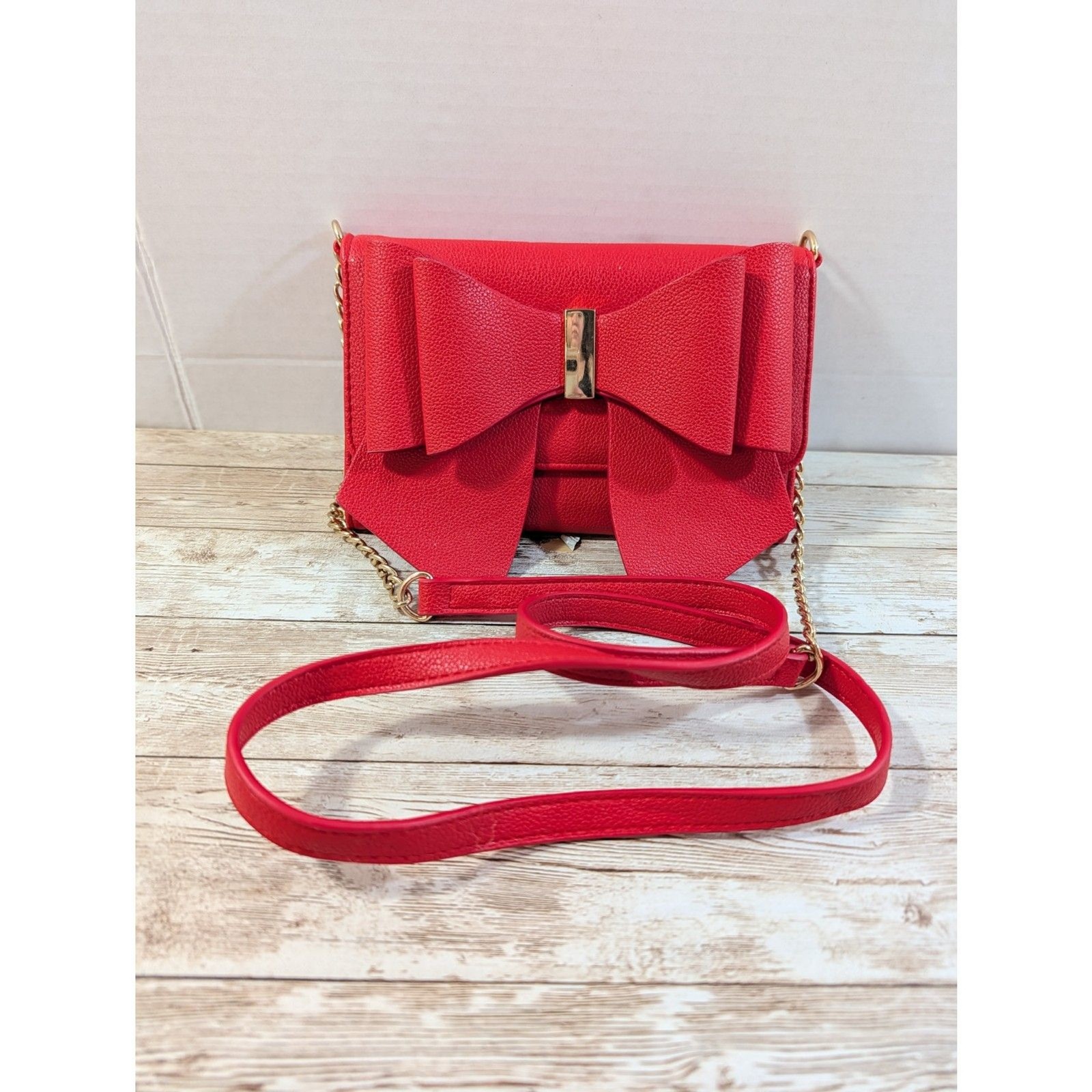LIKE DREAMS Petal Bowtie Dual Crossbody Bag Red Clutch With Bow And Gold Accents