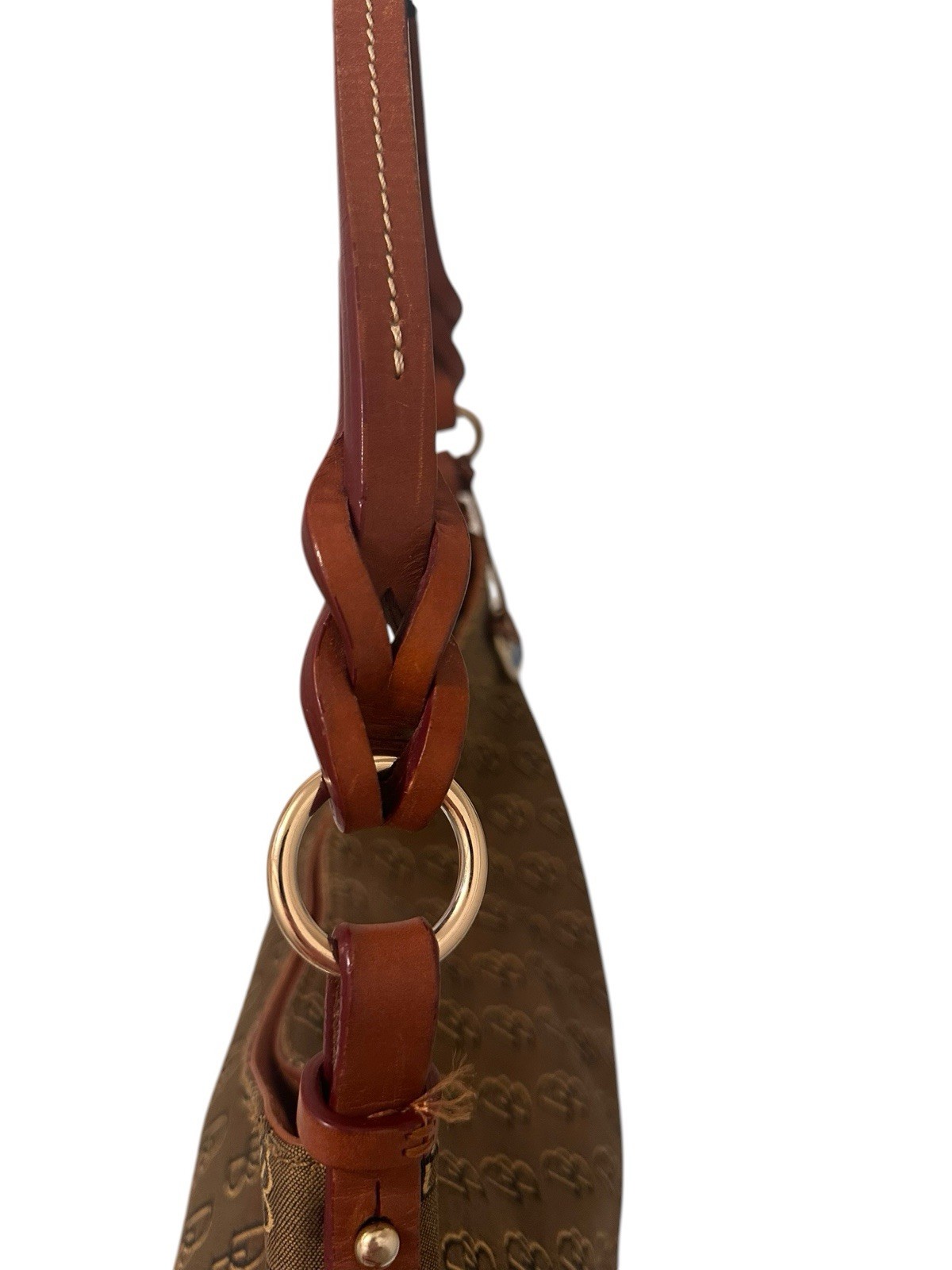 Dooney & Bourke Signature DB Logo Tan Canvas Braided Leather Shoulder Handbag