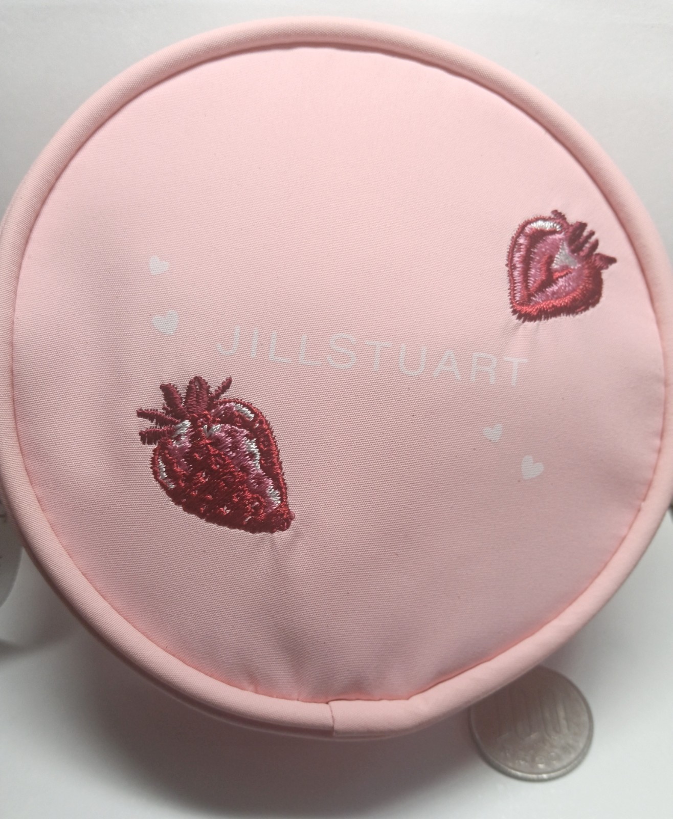 JILL STUART Pink Round Cosmetic Pouch Makeup Bag Strawberry Embroidery Japan