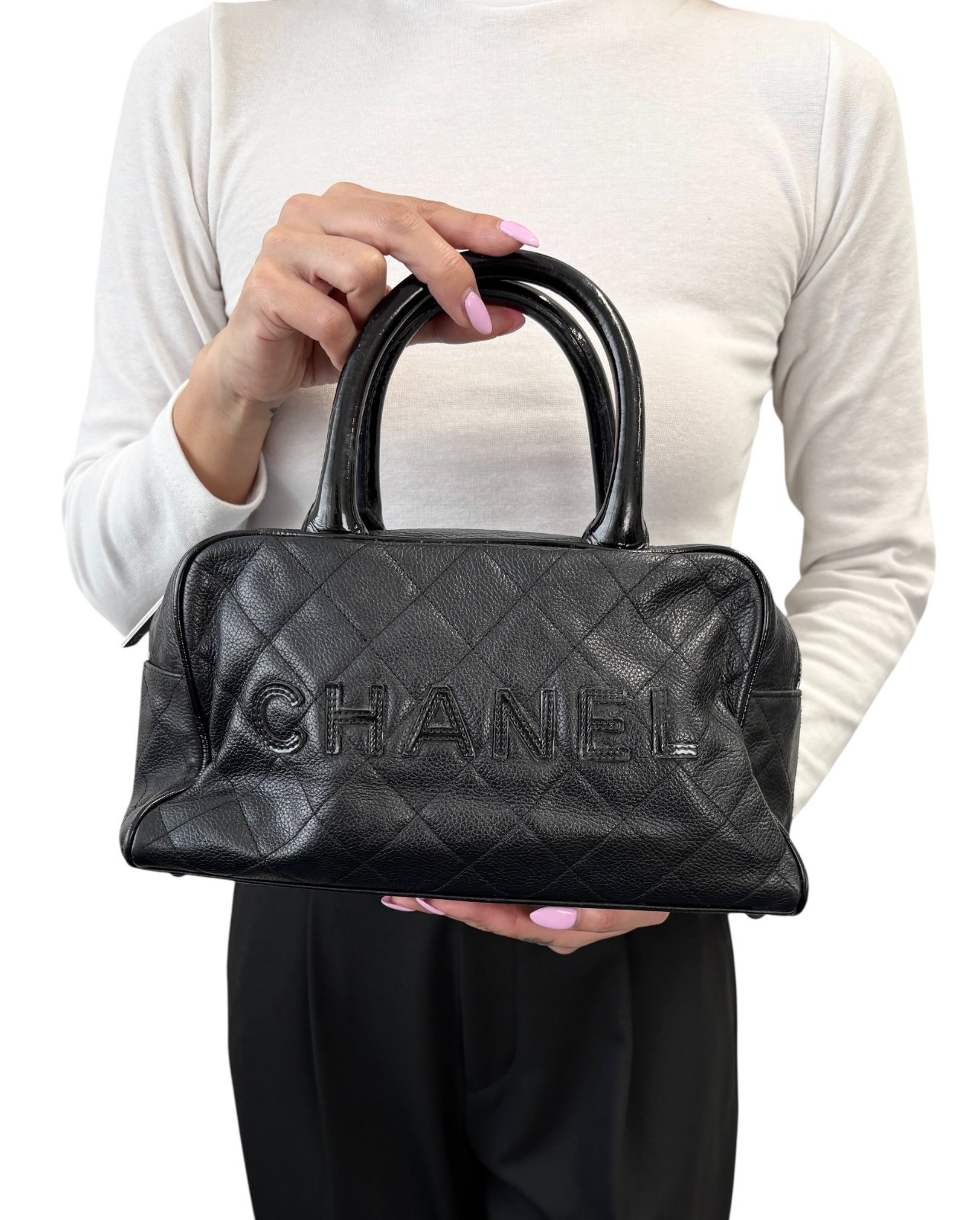 CHANEL Vintage CC Big Logo Quilted Leather Mini Bowling Boston Bag Black Silver