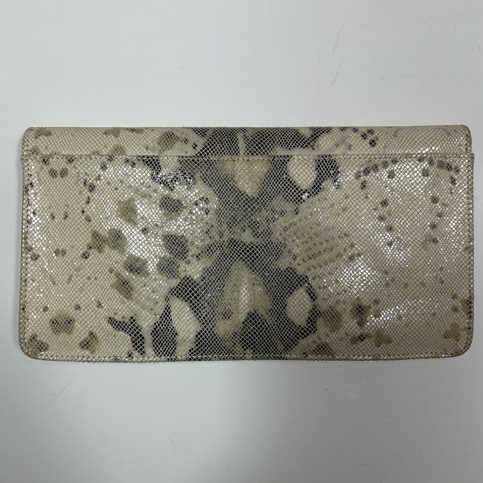 Inge Christopher Metallic Reptile Print Leather Foldover Clutch Bag Ivory Beige