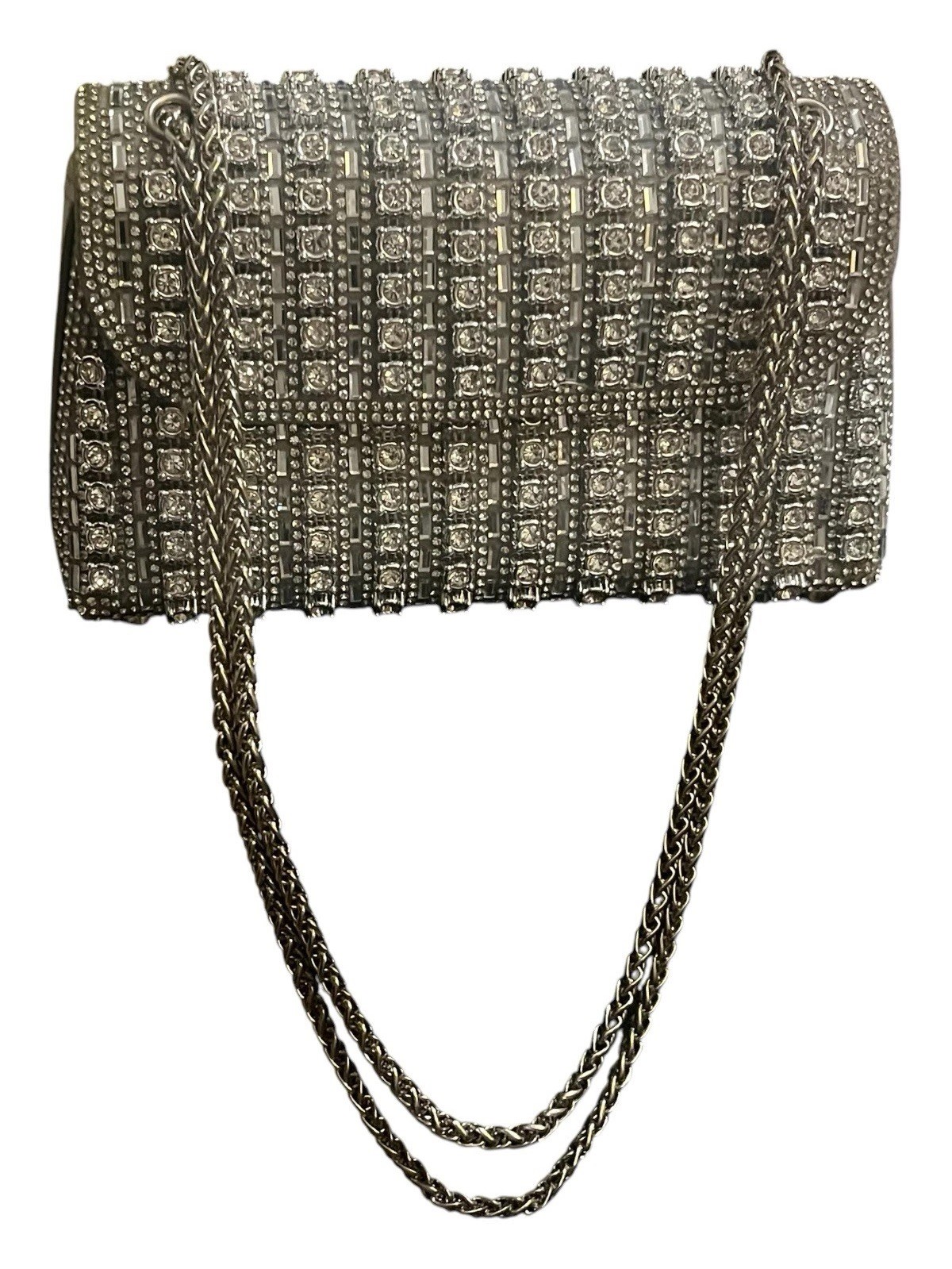 Silver Rhinestone Geometric Flap Shoulder Bag w/ Chain Strap, Magnetic, Lined