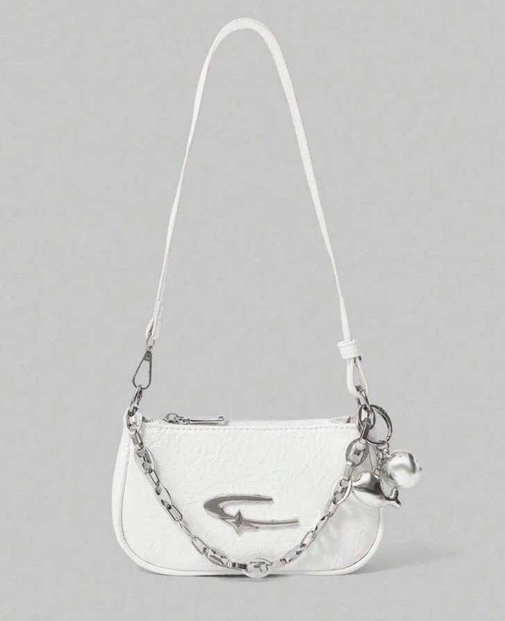 White Solid Crescent Shoulder Bag Purse Chain Strap Silver Charm Logo Zip Detach