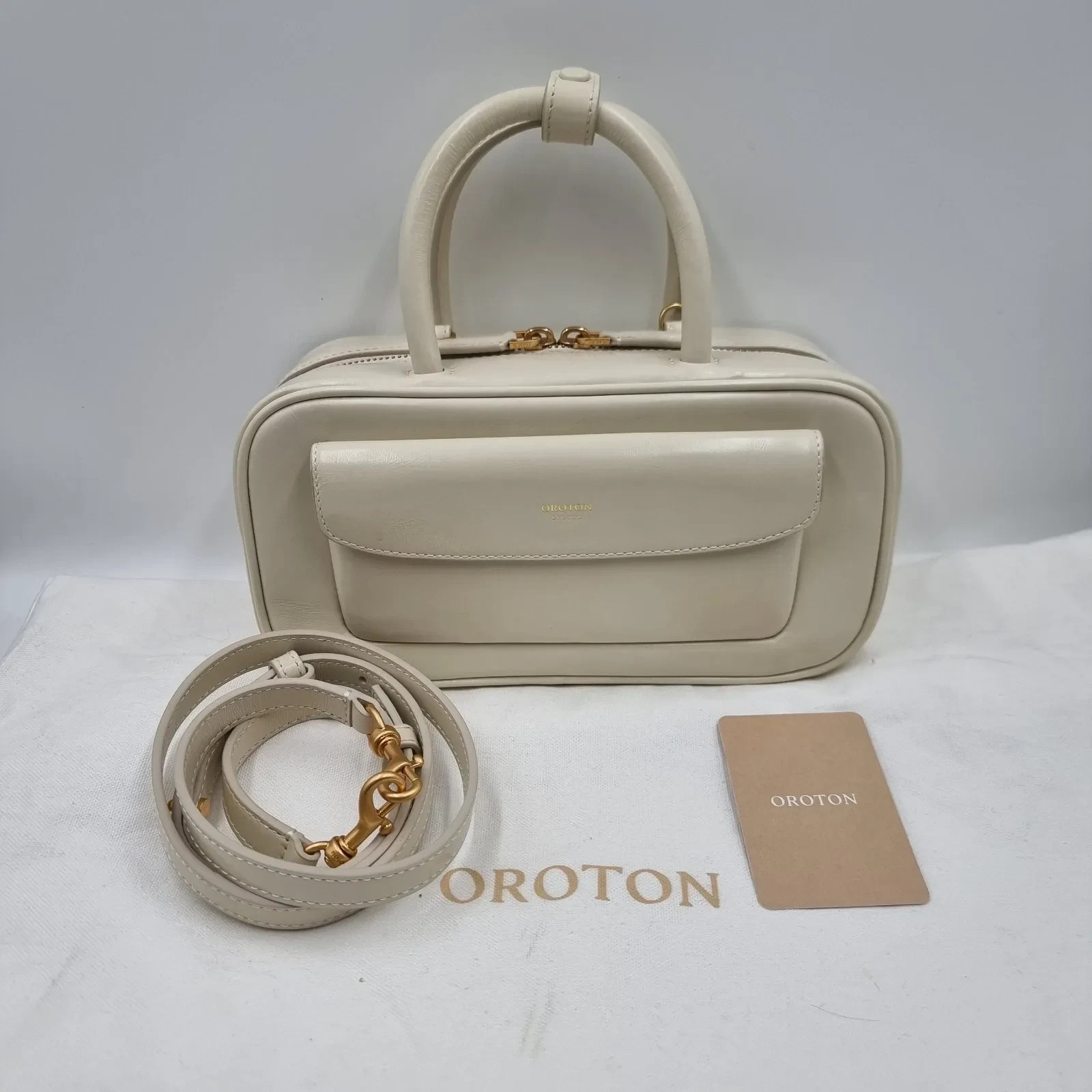Oroton Izzie Clotted Cream Small Bowler Leather Crossbody Bag Purse w/ dust bag