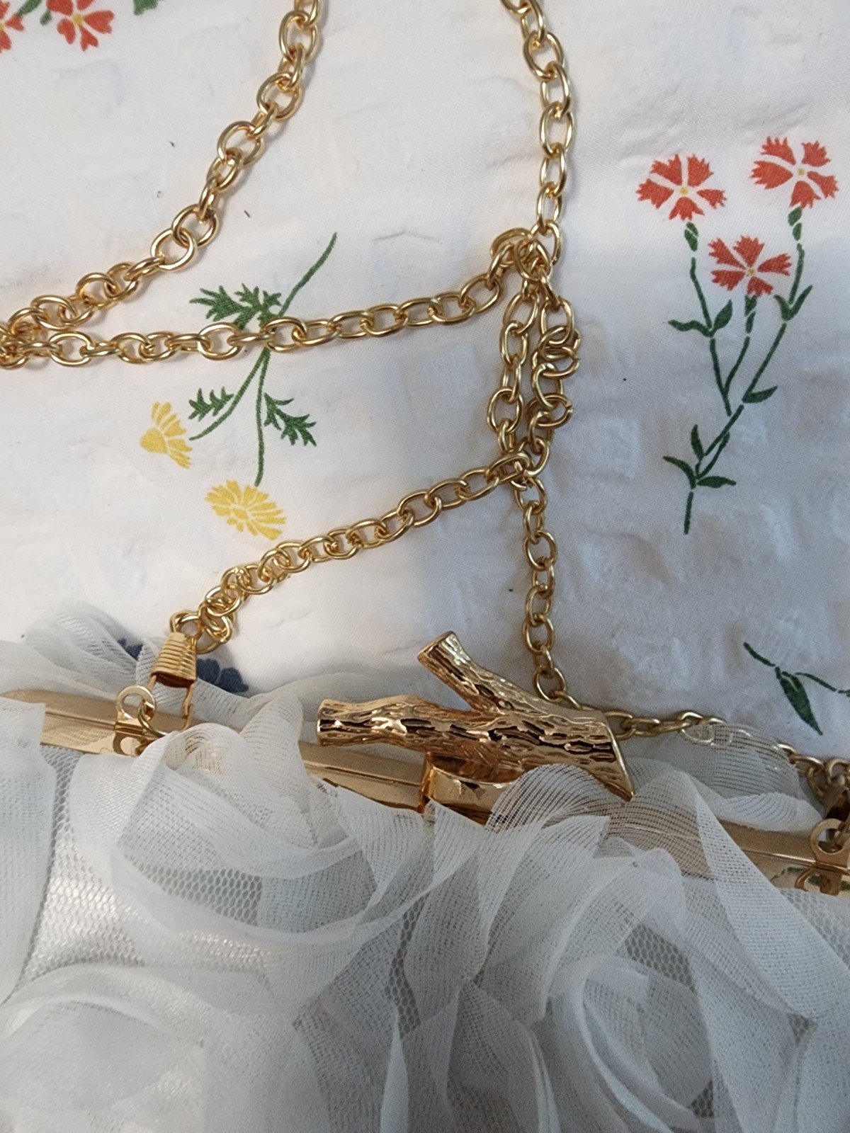 White Floral Bridal Clutch Gold plated Shoulder and Wrist Strap