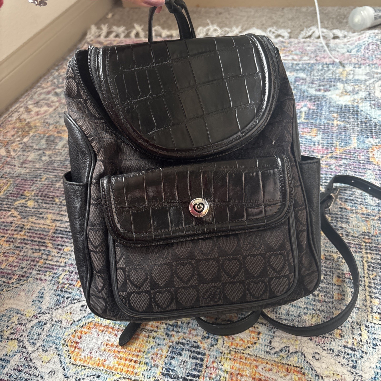 Brighton Julia Backpack Black Croc Embossed Leather Sig Heart Organizer Purse