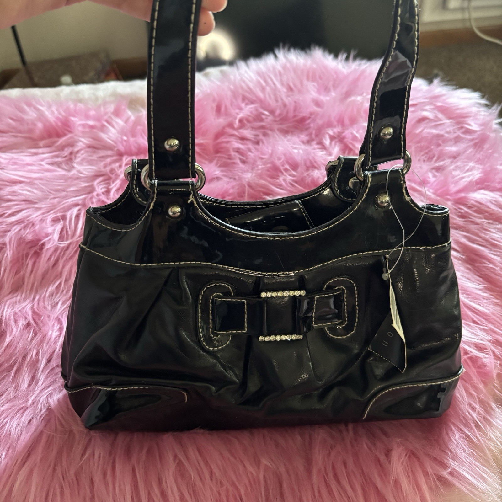 NWT Attention Y2K Black Patent Faux Leather Shoulder Bag Rhinestone Bow Purse