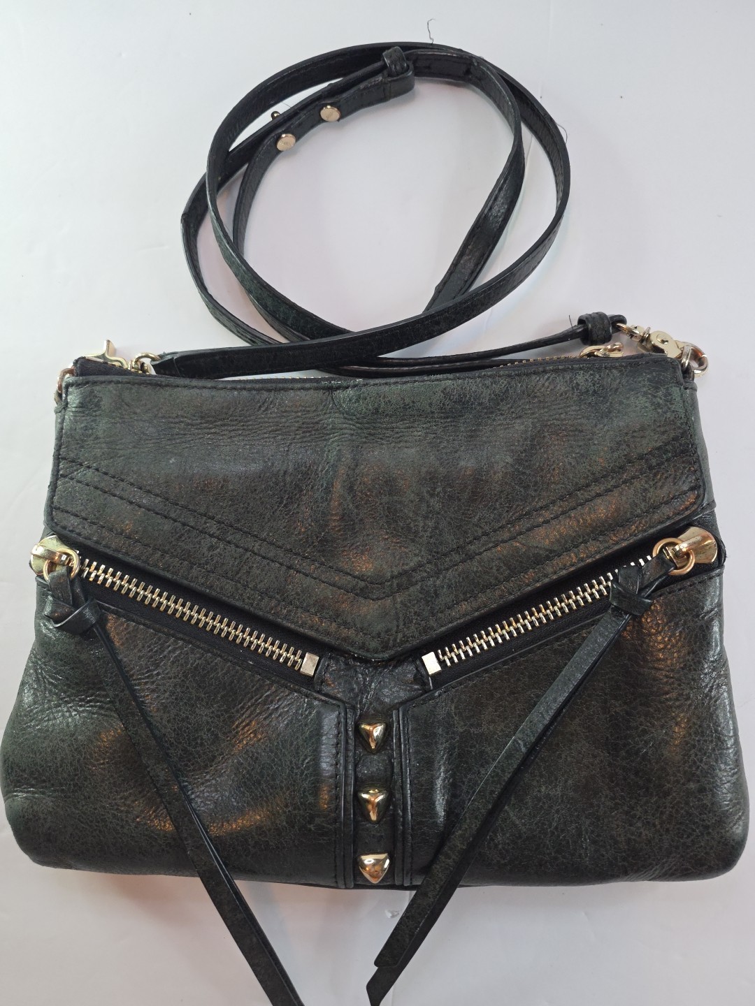 BOTKIER Trigger Crossbody Bag Distressed Green Gray Studded Leather Shoulder Bag