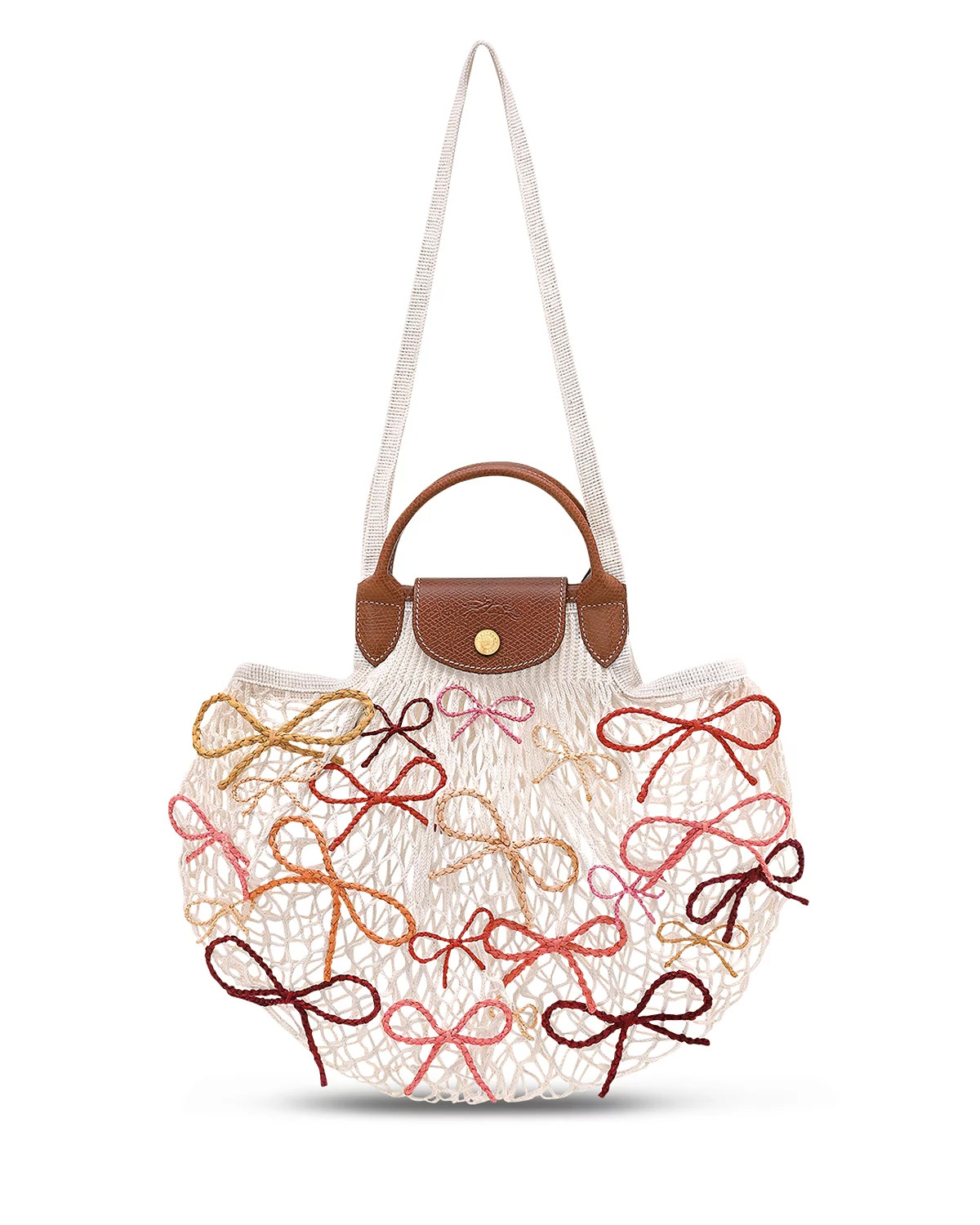 Longchamp Le Pliage Filet Raffia Bow Knit Mesh Handel Bag Shopper ~NWT~