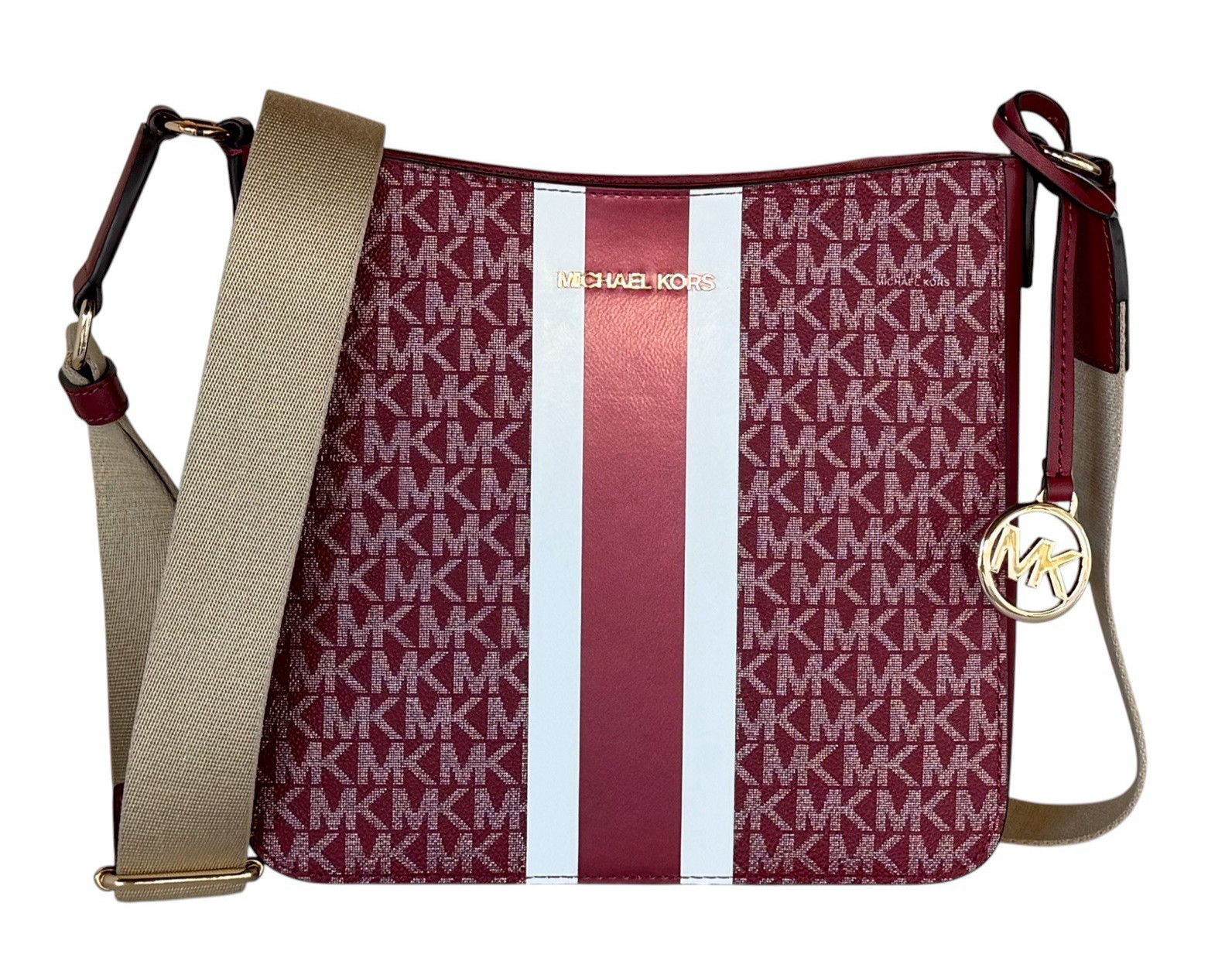 Michael Kors Jet Set Travel S Messenger Bag Center Stripe MK Gold Glitter Cherry