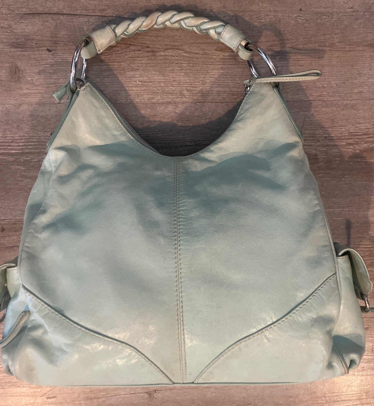 Francesco Biasia Mint Green Leather Purse Totebag w/Silver Hardware 13″ x 15″