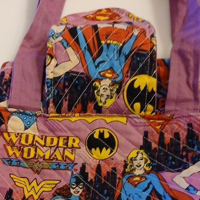DC Comics Wonder Woman Batgirl Supergirl Tote, Quilted Lined, Purple Strap